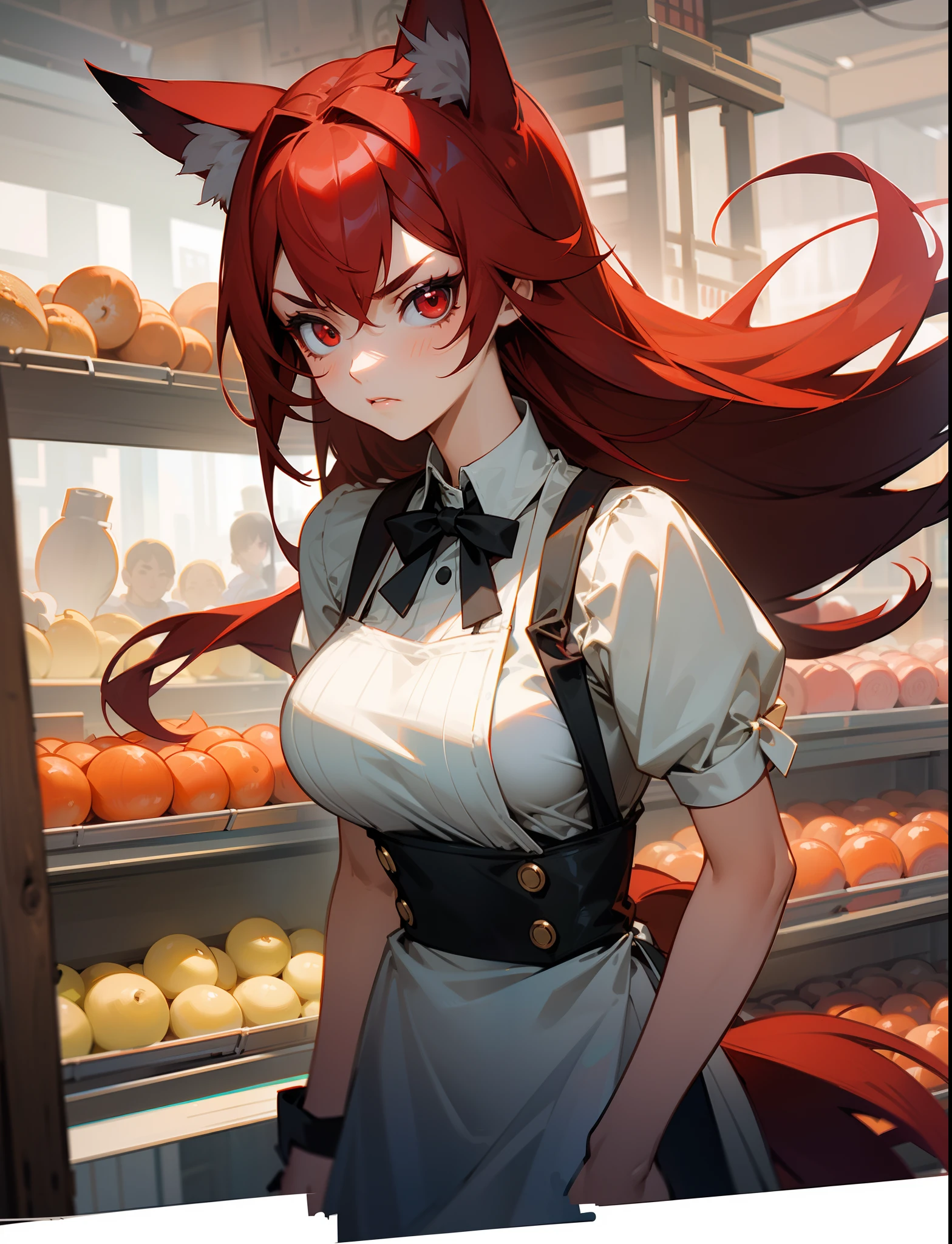 1girl ,20s,serious face,matket outfit,apron,medium tits,red hair,long hair,red eyes,fox ears,working in a market with shelves around