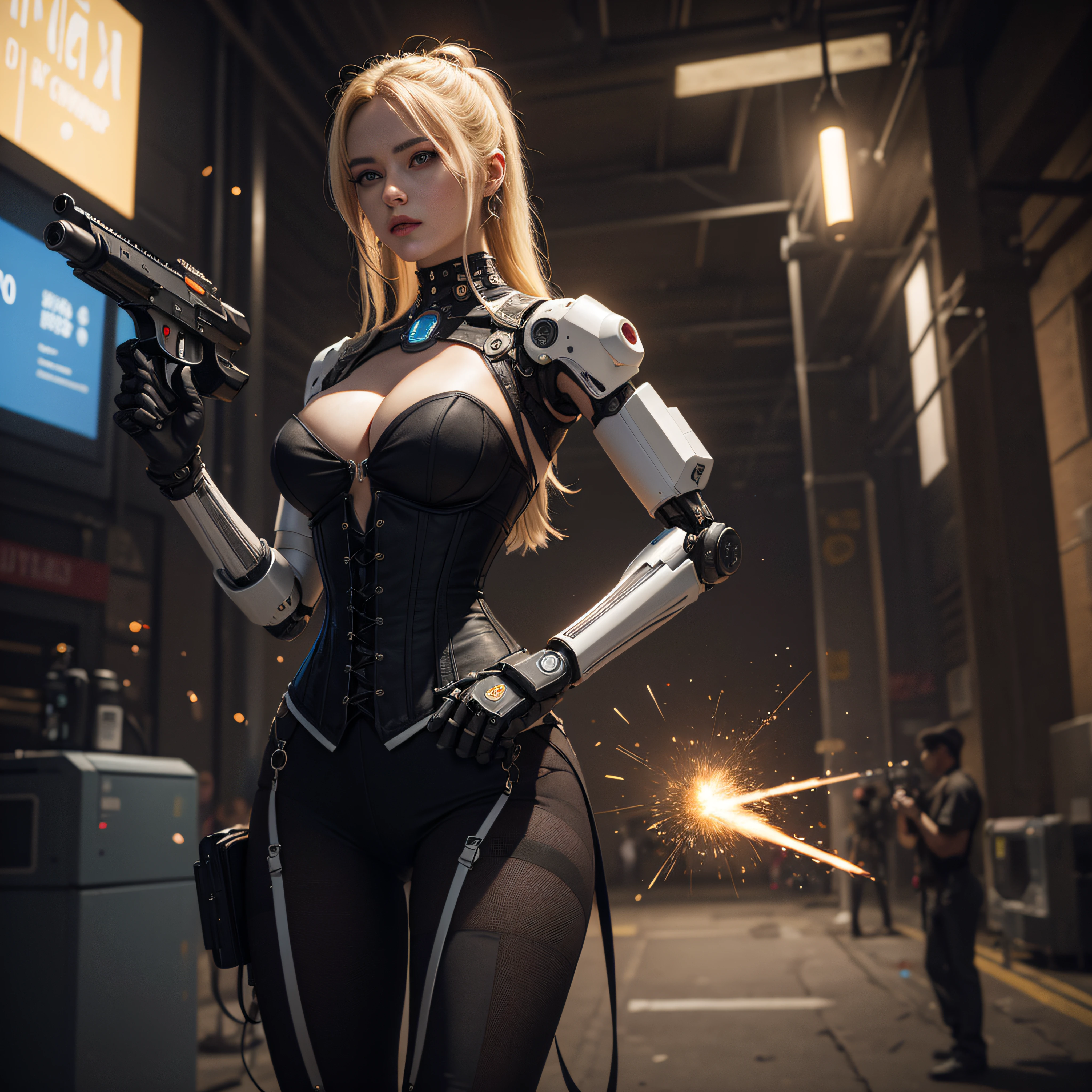 ((calidad superior)), ((obra maestra)), ((realista)), (Los detalles), (fotorrealista:1.5), Science-Fiction, HDR, Trazado de rayos, NVIDIA RTX, Los ultra-Highres, Irreal 5, Sub-Surface Scatterring, PBR texturizado, Post-procesamiento, Anisotropic filtering, Profundidad de campos, maximum sharpness and sharpness, Regla de los tercios、8K RAW、(Luminescent Particles:1.4)、(super-detailed CG、Unidad 8k Fondos de pantalla、lighting like a movie、destello de lente、foco nítido. Blonde girl with corset, Robotic Parts, Cannons firing, guerra urbana, Armas, pistola, Arte cyberpunk、arquitectura cyberpunk
