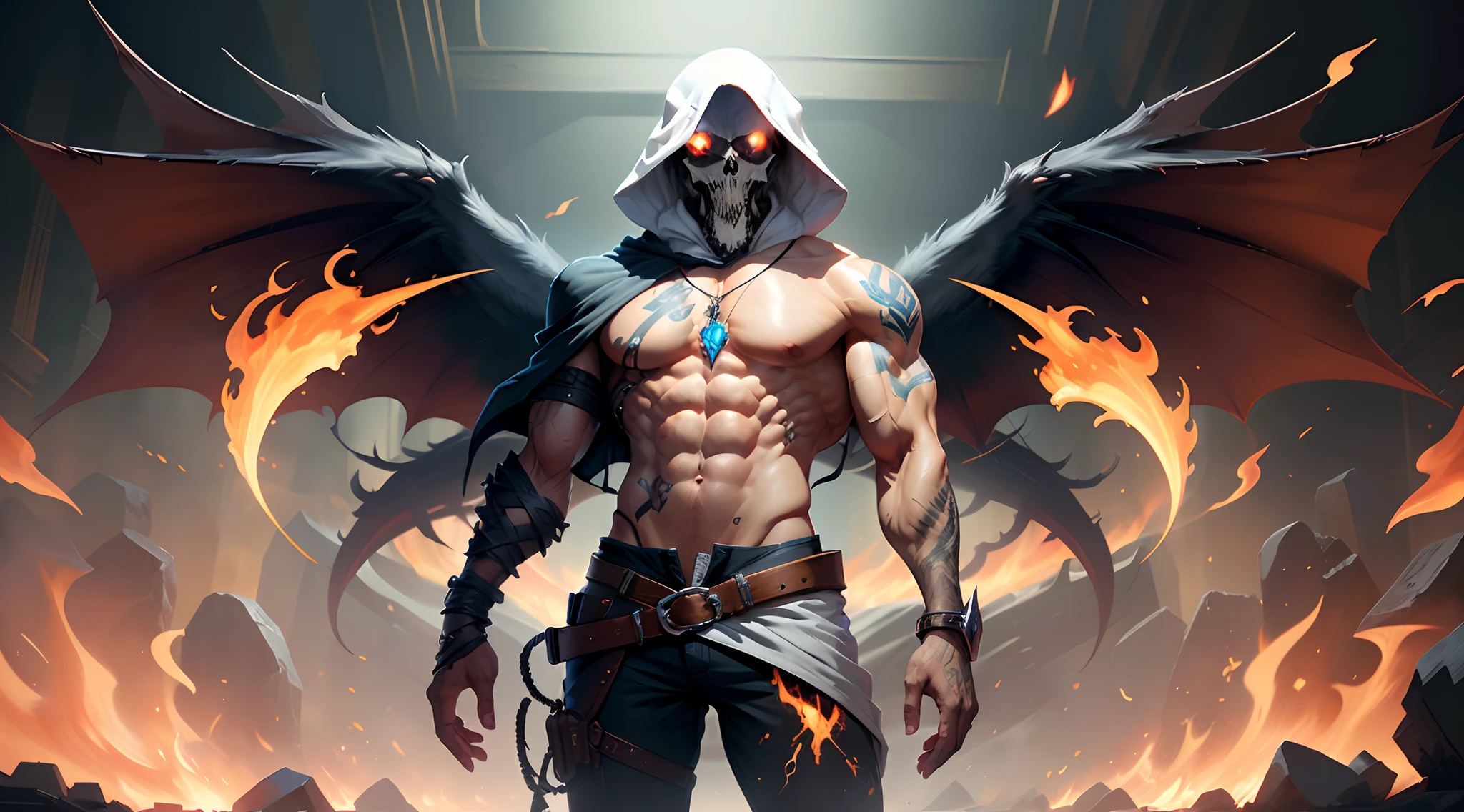 Dream reaper, muscular man, solo, half devil, fire and lightning, dark flames, huge broken heart necklace, tattooed, raymarching reflections,