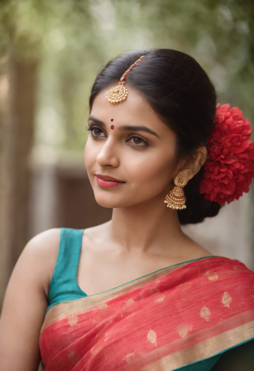 portrait of a confident Indian woman in a saree, in temple, 20 years old, confident, top notch 3d model, extremely beautiful, realistic, intricate facial details, no flowing capes, high quality, super detailed, hyper realistic, 8k, studio photo