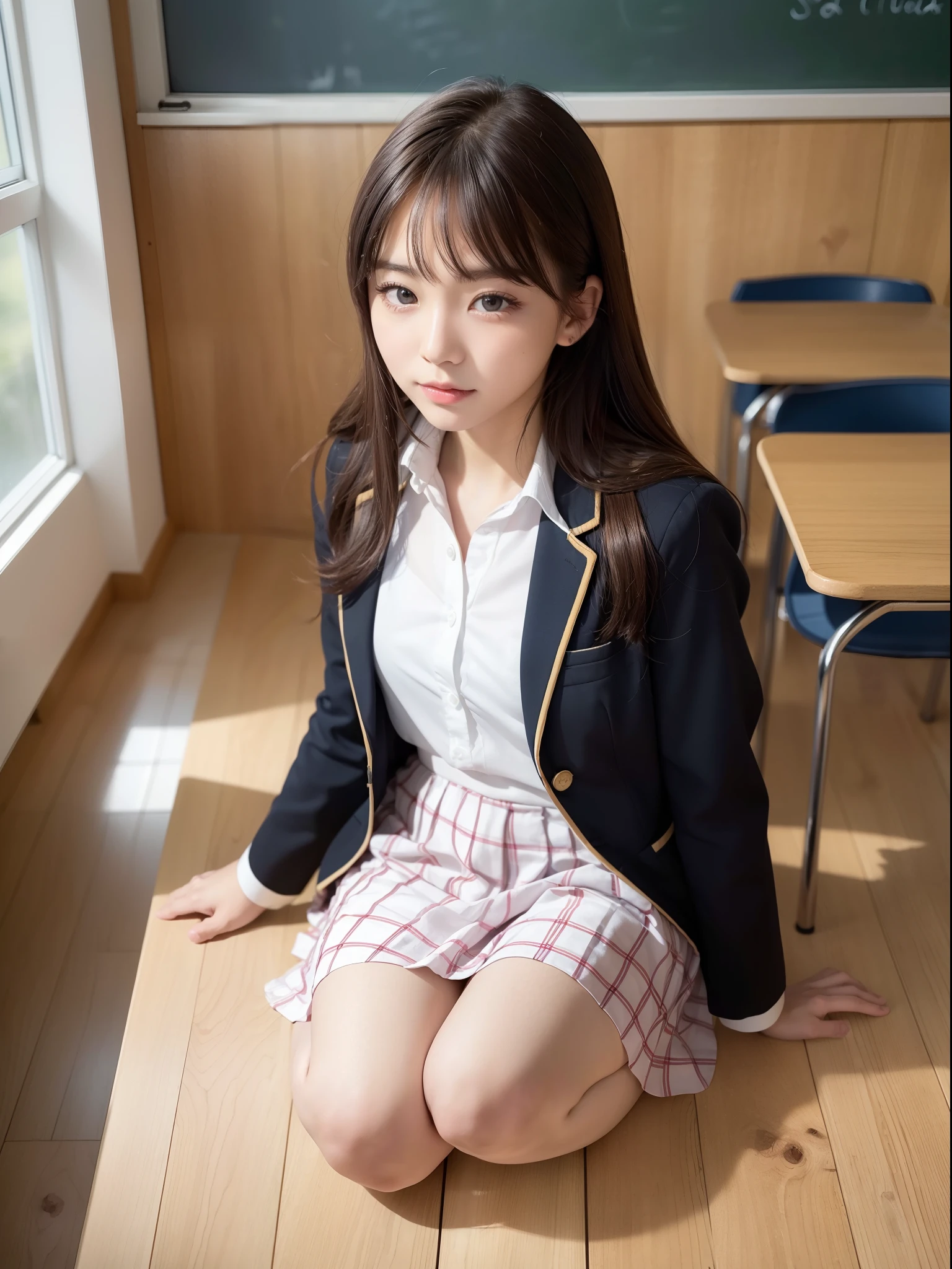 ((of the highest quality, 8K, masutepiece: 1.3, Raw photo)), Sharp Focus: 1.2, (1 AESPA Girl :1.1), Solo, (Realistic, Photorealistic: 1.37), (Face Focus: 1.1), Cute face, hyperdetailed face, brunette short messy hair, Small Smile, nude, (taking off school uniform like chiffon dress, Roll up the skirt: 1.3), check skirt, thigh, Sitting with one knee up, classroom, flower, lily
