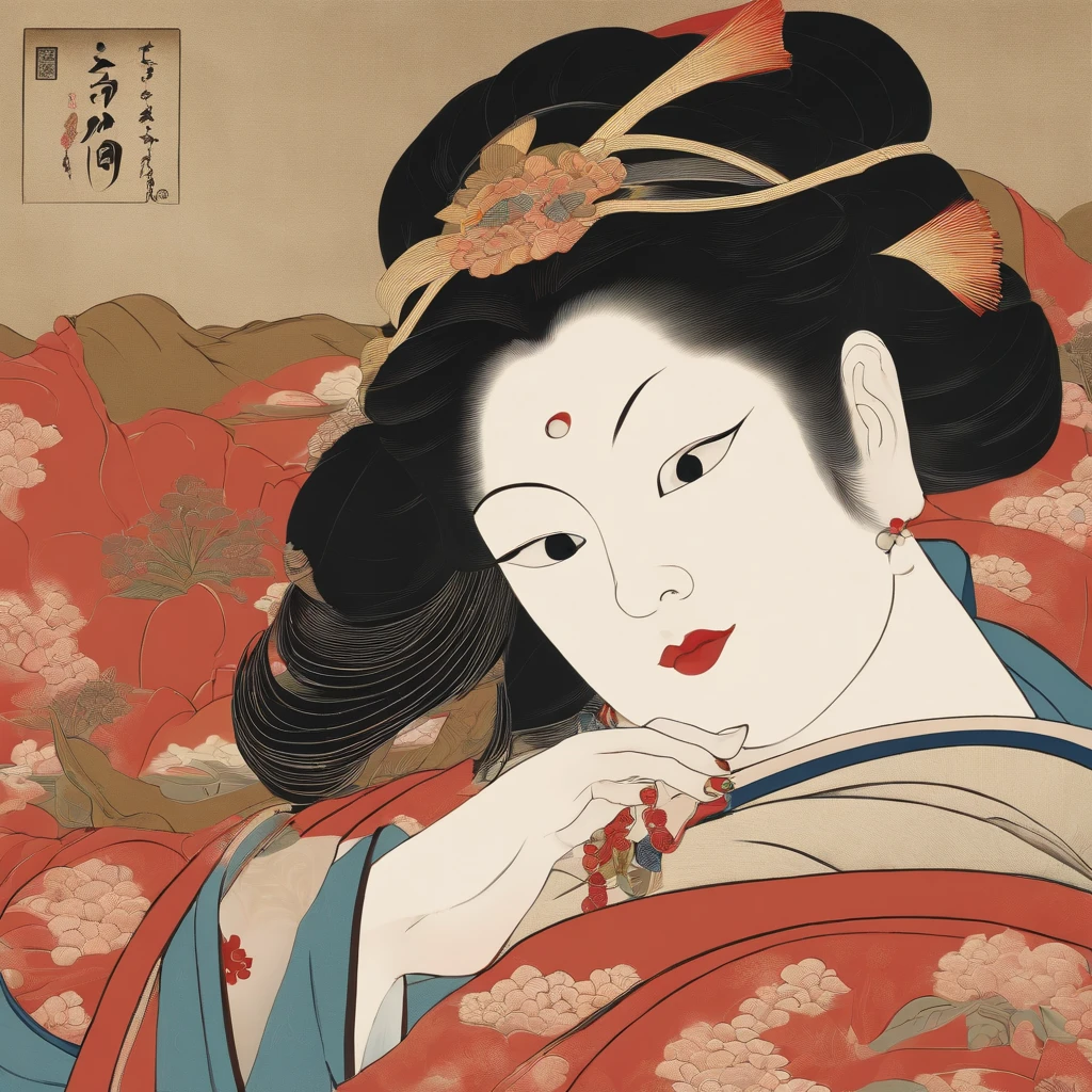 Full body、masutepiece、top-quality、ukiyoe painting Sharaku Woman Blowing Beadlo