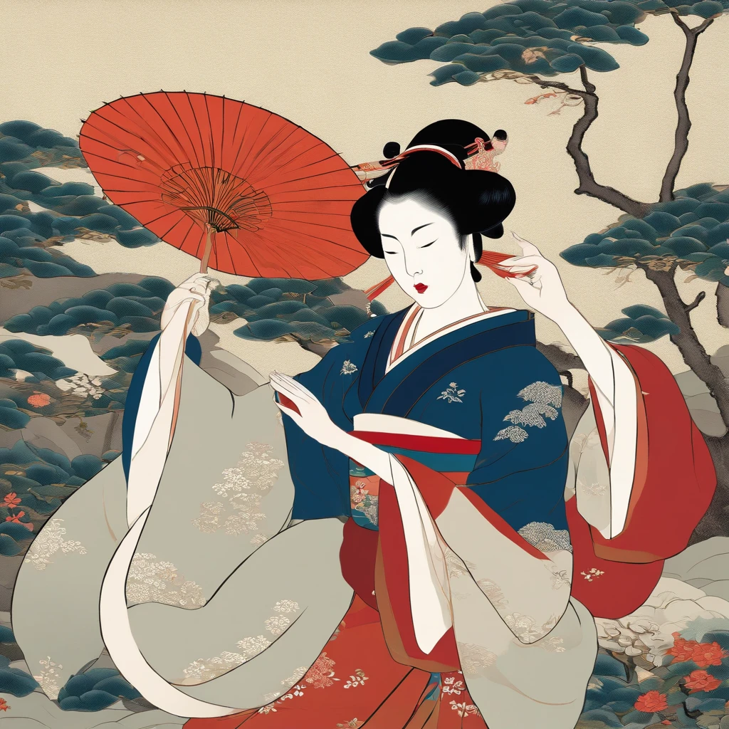 Full body、masutepiece、top-quality、ukiyoe painting Sharaku Woman Blowing Beadlo