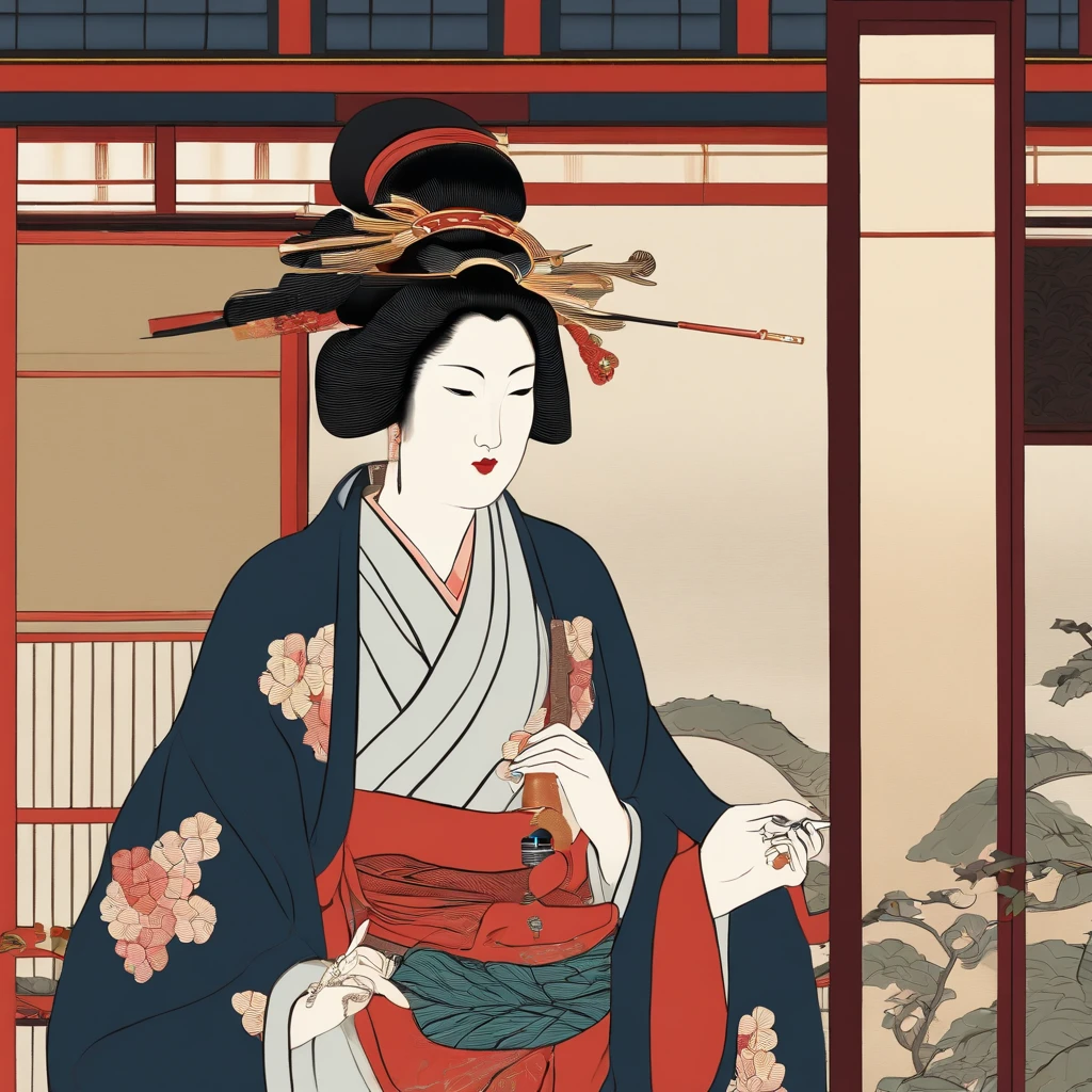 Full body、masutepiece、top-quality、ukiyoe painting Sharaku Woman Blowing Beadlo
