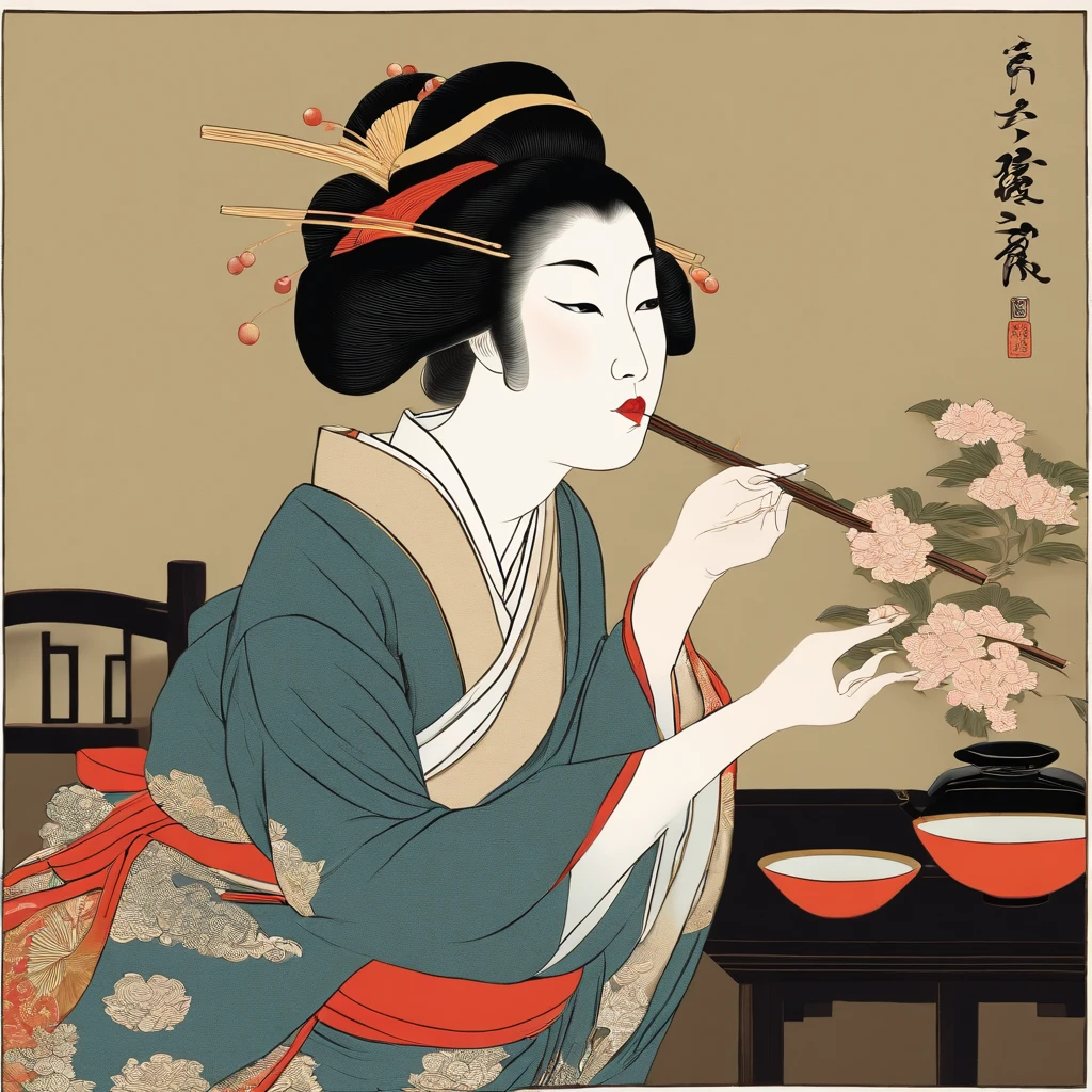Full body、masutepiece、top-quality、ukiyoe painting　Sharaku　Woman Blowing Beadlo
