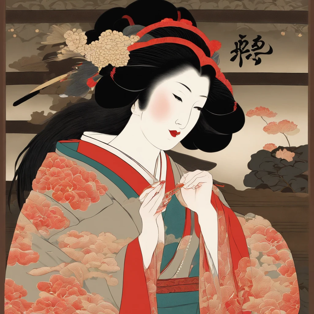 Full body、masutepiece、top-quality、ukiyoe painting Sharaku Woman Blowing Beadlo