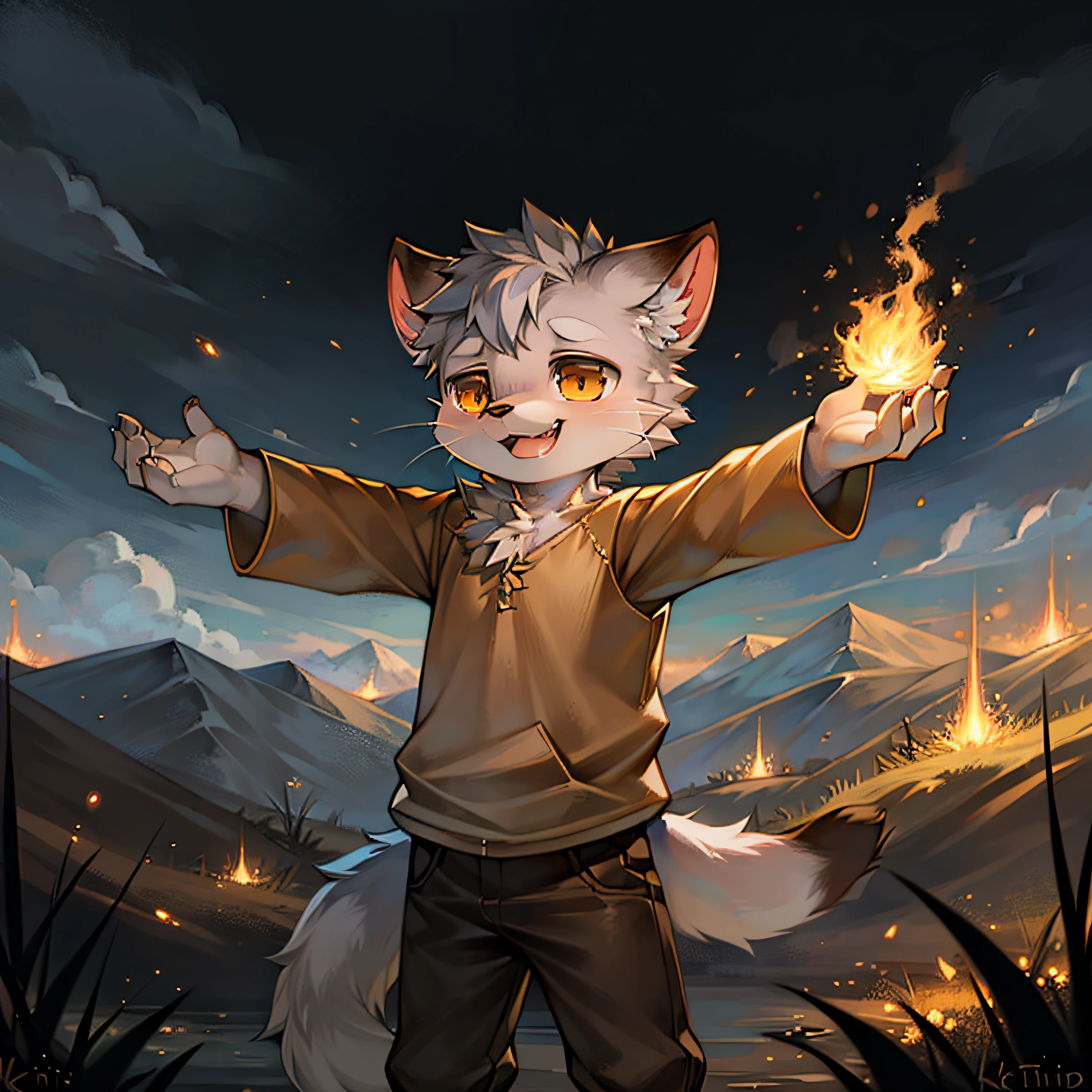 masterpiece, high quality landscape, realistic, anthro, furry, silver fur, (cub), (whiskers), child, solo boy, wearing burnt clothes, (laughing), full shot, ((magic)), shooting fireballs, (by kekitopu)