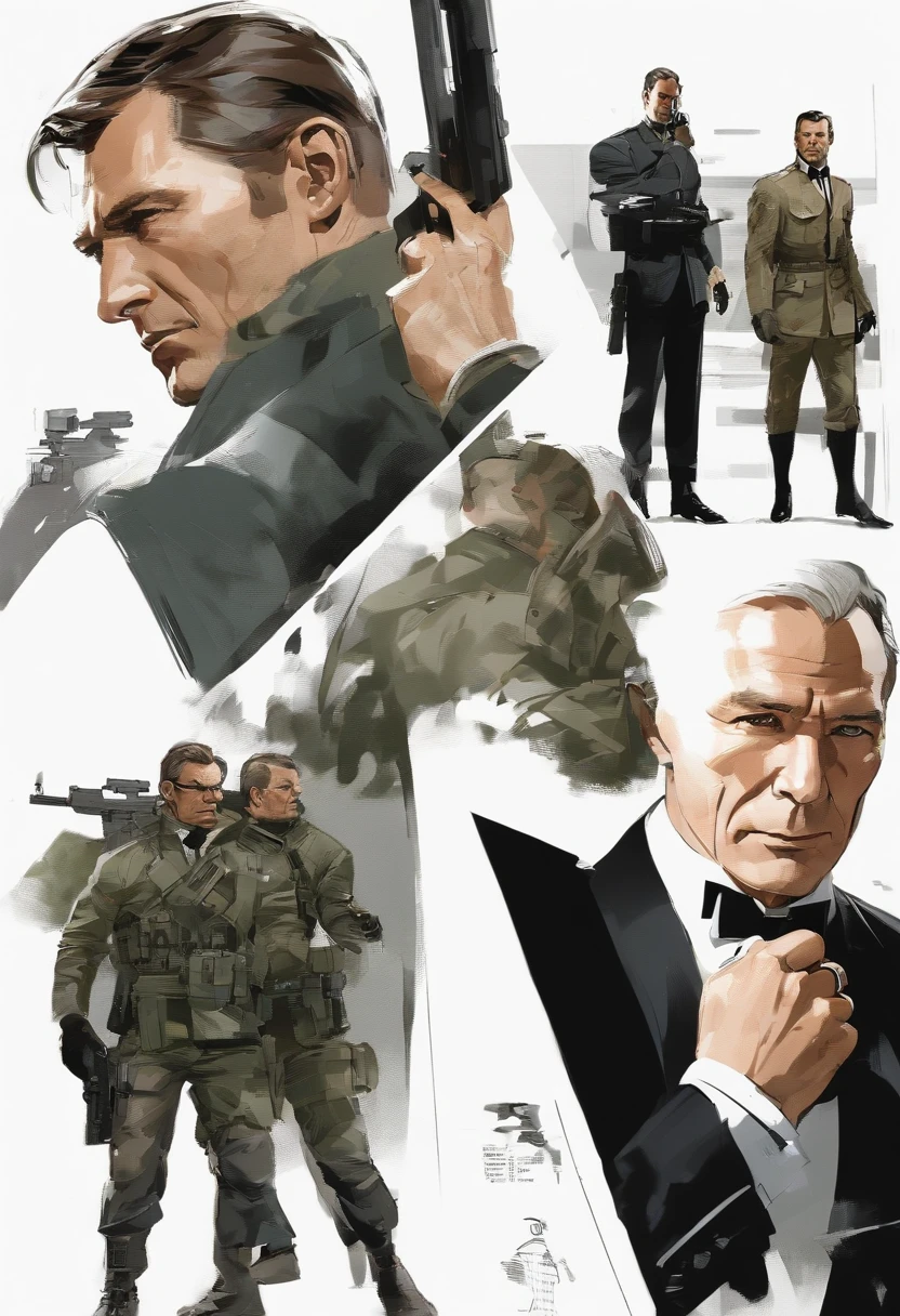 James Bond character design, pix，concept design sheet, White background, style of yoji shinkawa,16-bit pixel art --s 750 --niji 5