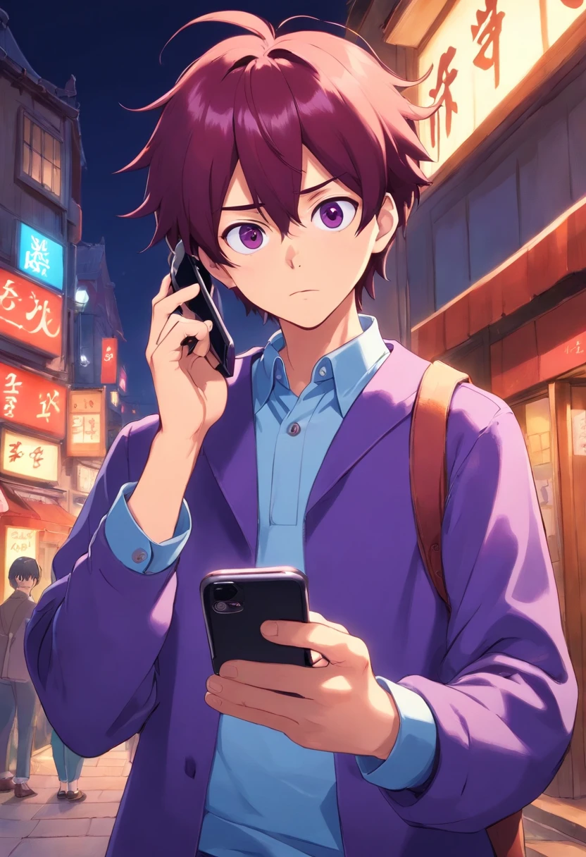 Anime boy looking at his phone,The background is blank, style of anime4 K, mamoru hosoda, kentaro miura art style, author:New Art, inspired by Shingei,Holding the phone in his left hand,A confused look,The mouth is open,brunette color hair,Red eyes,Standing,Purple coat,Blue shirt,The background is plain blank,A confused look,Roll your eyes,Keep your eyes on your phone