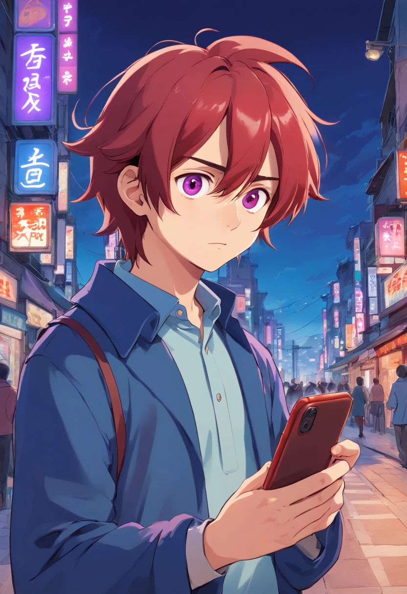 Anime boy looking at his phone,The background is blank, style of anime4 K, mamoru hosoda, kentaro miura art style, author:New Art, inspired by Shingei,Holding the phone in his left hand,A confused look,The mouth is open,brunette color hair,Red eyes,Standing,Purple coat,Blue shirt,The background is plain blank,A confused look,Roll your eyes,Keep your eyes on your phone