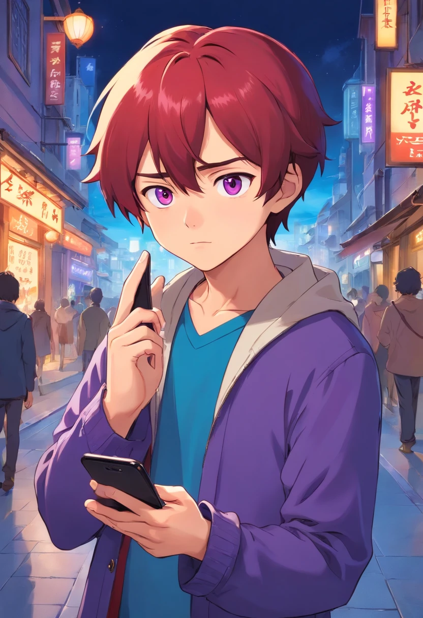 Anime boy looking at his phone，The background is blank, style of anime4 K, mamoru hosoda, kentaro miura art style, author：New Art, inspired by Shingei，Holding the phone in his left hand，A confused look，The mouth is open，brunette color hair，Red eyes，Standing，Purple coat，Blue shirt，The background is plain blank，A confused look，Roll your eyes，Keep your eyes on your phone