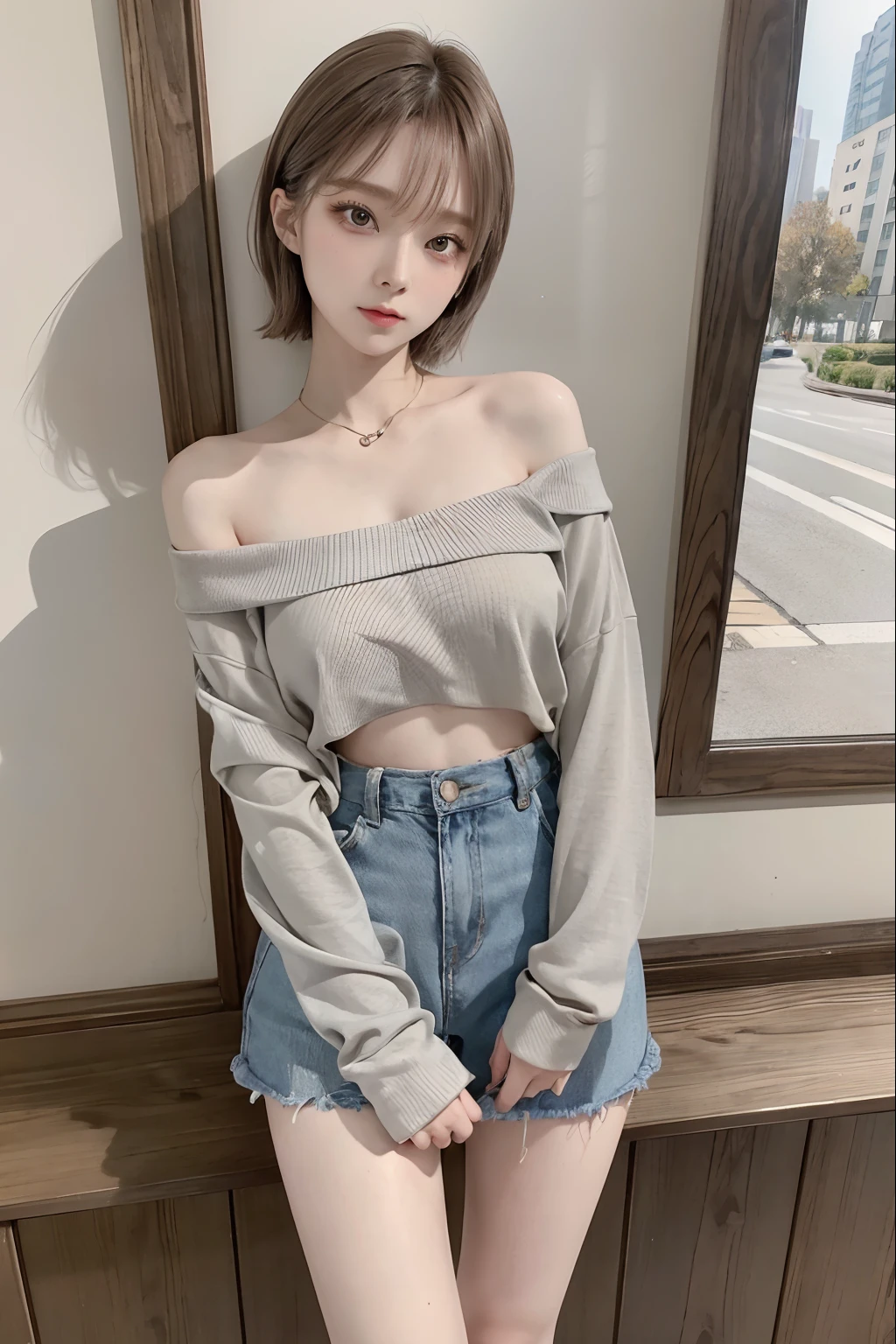 Top image quality、Raw photography、超A high resolution、An 18-year-old woman、Shooting for one person only、modelshoot、Autumn outfit、Fashionable clothes、Beautiful Eyes of Details、student clothes、very elongated eyes、Beautiful eyelashes、Beautiful double eyelids、very slender legs、Shorthair with light brown hair、very slender physique、Gray walls