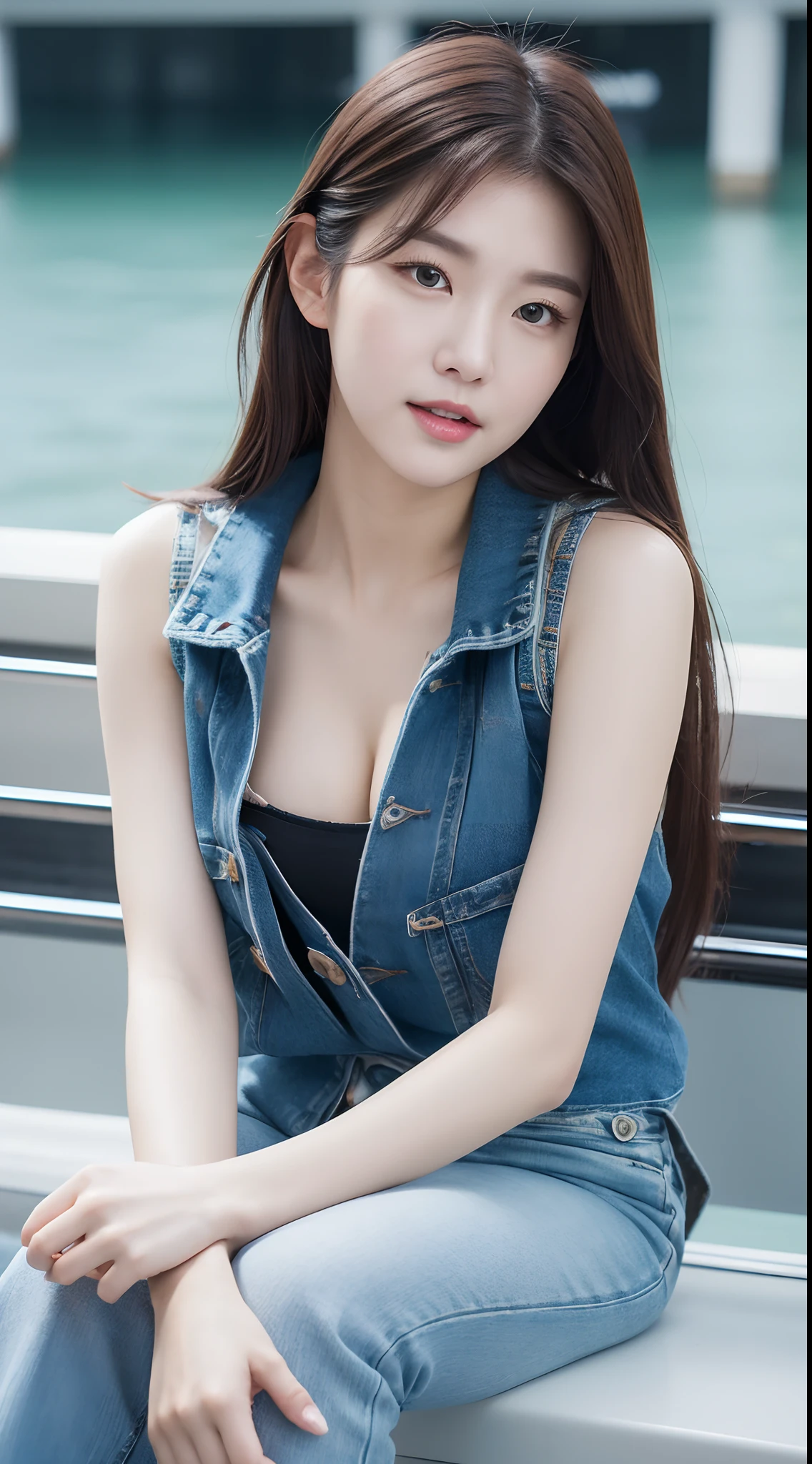(Best quality, 8k, 32k, Masterpiece, UHD:1.2), 1girl, beautiy Japanese woman, a woman in denim shorts posing on the beach at sunset, Lee Ji Eun, hot with shining sun, hwang se - on, casual pose, lee ji-eun, lee ji - eun, gorgeous young korean woman, korean girl, beautiful young korean woman, korean women's fashion model, sakimichan, IU