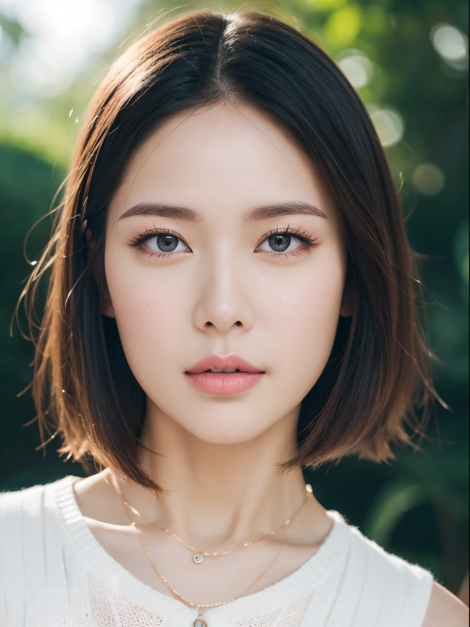top-quality:1.3、​masterpiece、hight resolution、［1 girl in］、｛独奏｝、fully body photo、((Photorealsitic):1.1)、Real person、mascara, ,(Textured skin, Skin pores:1.1), (Imperfect skin:1.1) intricate detailes, (Unripe, 8K:1.2), Detailed skin、japanes、thin bunches of bangs、Bery short hair、Sweat knitwear、catchlight、piercings、a necklace、white walls