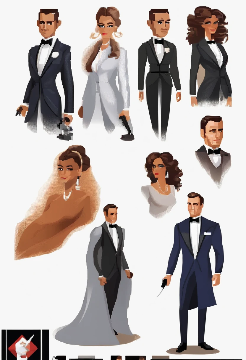 James Bond character design, concept design sheet, White background, The style of the pixel,8-bit pixel art --s 750 --niji 5