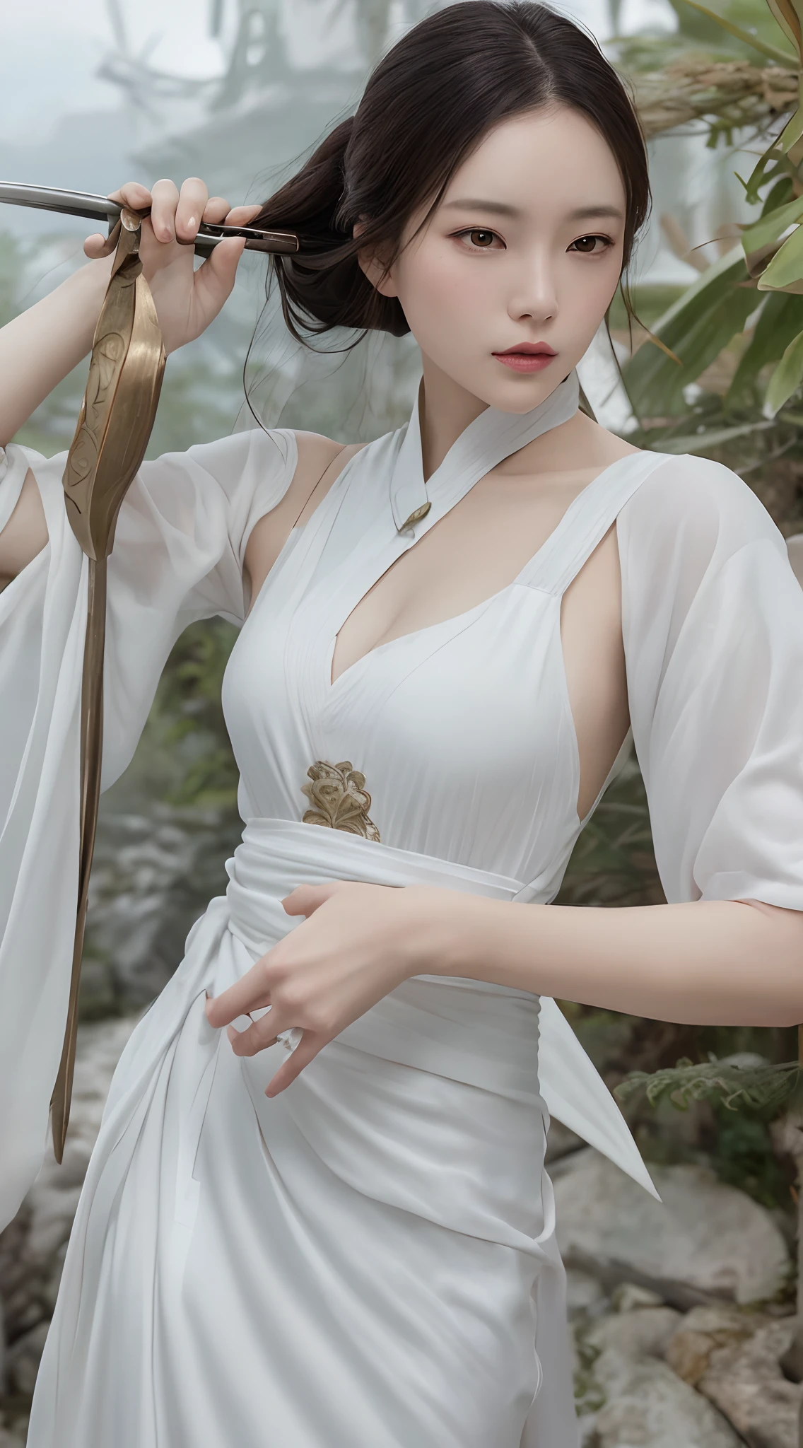 gufeng,bare shoulders,(masterpiece, best quality:1.2), 1girl, solo, In the depths of Wonderland，The moonlight falls like water，foggy room，The figure of the heroine is vaguely visible，Just like the fairy in the painting，Slender sexy legs，Very nice legs，Leaking sexy legs，Big breasts，美丽而又带着一丝mystery的色彩。Her face is beautiful and delicate，Like finely carved jade，Showing otherworldly beauty。The eyebrows are picturesque，The waves in my eyes are like twinkling stars，Show the light of perseverance and wisdom。The bridge of the nose is straight，Lip color like cherry，The slightly raised corners of the mouth reveal confidence and calmness。Her face is well defined，The skin is as fair as jade，Reveals a healthy glow，Just like a fairy, she never eats fireworks in the world。Her makeup is light and delicate，Not too much embellishment，But enough to show her temperament and charm。Light-colored foundation brings out the transparency of the skin，A light eyebrow pencil outlines her perfect eyebrow shape，Eye makeup is eye shadow and eyeliner，Make her eyes brighter and more energetic。嘴唇涂上grace的口红，Adds a bit of charm and sophistication。她的衣服grace别致，Clothes flutter，It seems like it will be blown up by the wind at any time，drifting into the distance。既不失grace，Also showed her extraordinary skills。Rocking with her movements。Her hair is tied back casually，Secure it with a hosta，A few strands of hair are fluttering gently in the wind，Adds a bit of softness。Her figure is looming in the fairyland，宛如一道Big breasts美丽的风景线，attracted everyone&#39;s attention。She seems to be a fairy in wonderland，Big breasts美丽、grace、mystery、and full of power。