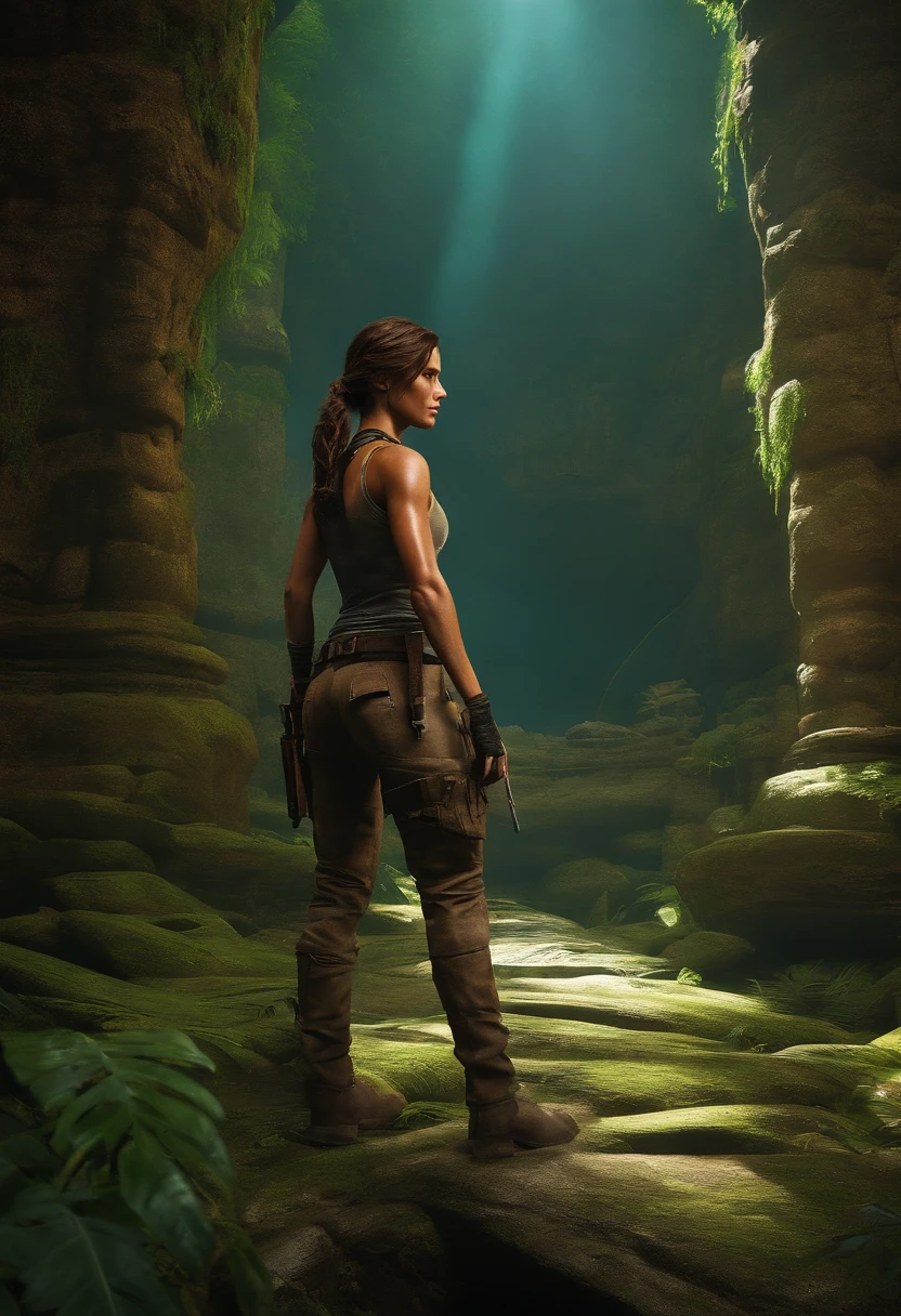 (masterpiece, high detail, high resolution, art style by Greg Rutkowski, depth of field), (one woman, a ((fully naked)) warrior woman taking a bath in an underground lake, alone in a ((dark cave)), ((tending to her bleeding wounds)), view from behind, attentively observing her surroundings), (background: dark narrow cave), (large white cloak hanging on her back), visible muscles, sculpted body, strong arms, strong legs, brown skin, battle scars on entire body, ((dirty skin with sweat streaks)), (thick rusty paint hair: 1.8), sensual, (small breasts: 1.9), (small butt: 1.9), ((strong body)), full body view, ((dark background:1.4)), (inside a cave background), (stern facial expression), relaxed, detailed, (volumetric, level difference detail), dusty atmosphere, backlight, contour light, ((pile of clothes on the ground beside her)), strong but seductive, (((alone))), washed out colours