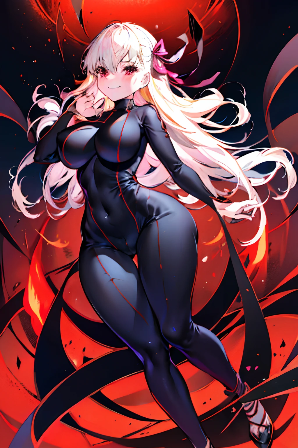 Anime style face a blond Black full body suit Red lines all over the body huge tit Big ass Whip thighs bare-legged seductiv a smile succubus Facing backwards