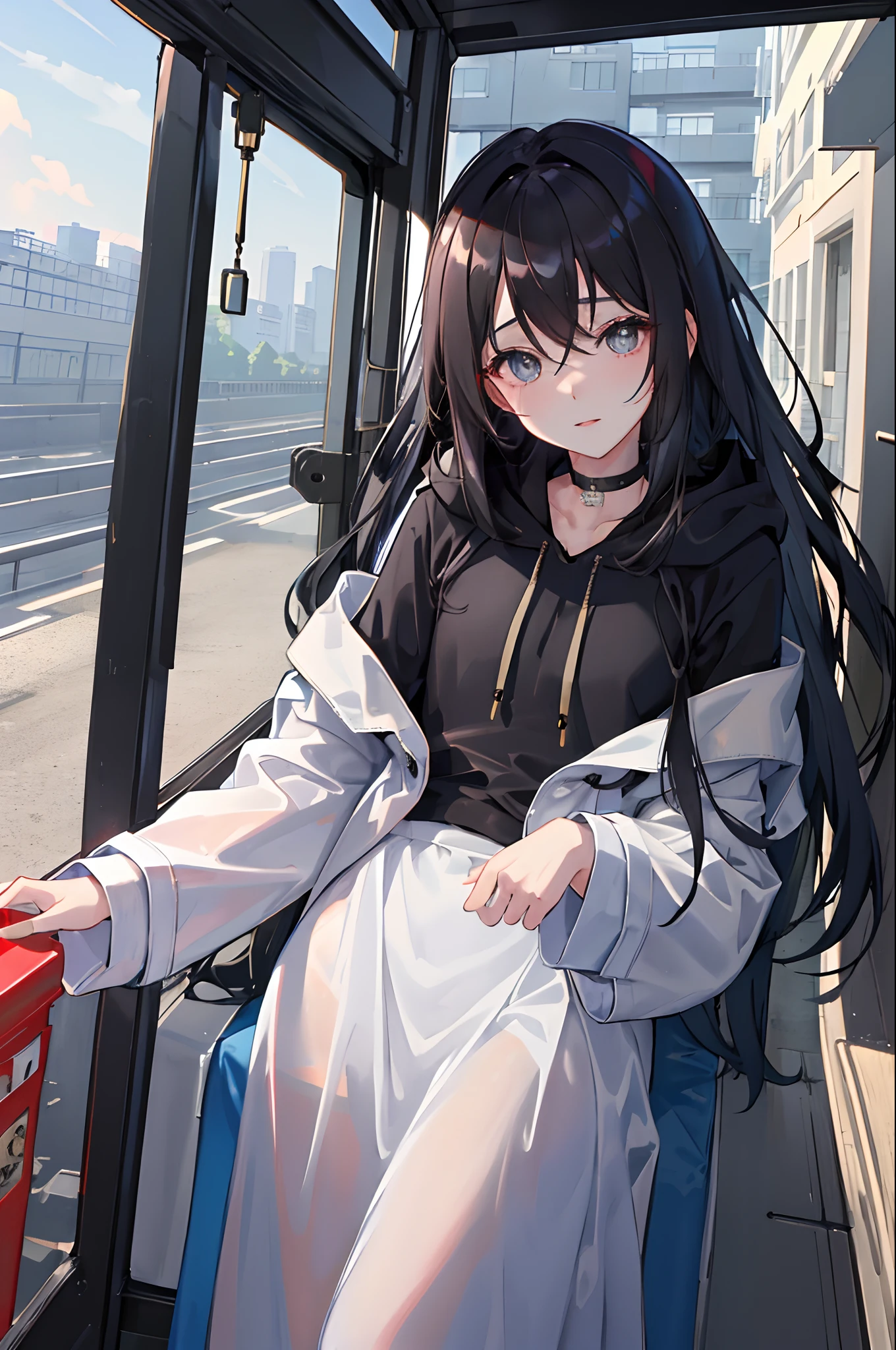 (masuter piece、side lights、ultra-detailliert、inely detailed beautiful eyes: 1.2)、1girl in、bags、buliding、From Side、hoods、Hood down、hooded jacket、parka、jaket、long、Black hair、profile、A dark-haired、独奏、Train、inside of a car、The upper part of the body、masterpiece、top-quality、the morning sun、optic、