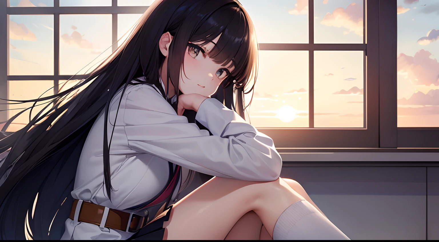 a beautiful junior high school student, (sit straight ),cute, uniform and skirt, (lustrous and black long hair),(bright eyes) ,gradient eyes, (sun light came in through the windows),(anime style),(CG), atmospheric perspective, masterpiece,((from side)), accurate, ((best quality)), high quality, super detail, high details, anatomically correct, highRes, 1080p