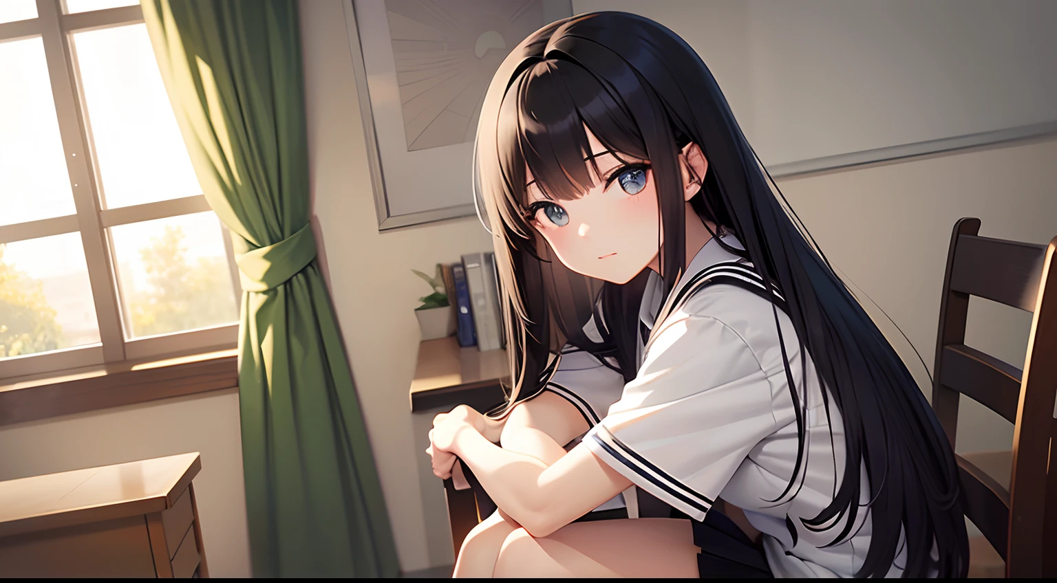 a beautiful , (sit straight ),cute, uniform and skirt, (lustrous and black long hair),(bright eyes) ,gradient eyes, (sun light came in through the windows),(anime style),(CG), atmospheric perspective, masterpiece,((from side)), accurate, ((best quality)), high quality, super detail, high details, anatomically correct, highRes, 1080p