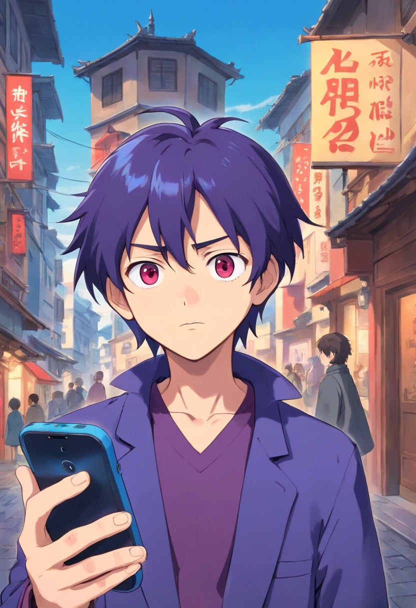 Anime boy looking at his phone，The background is blank, style of anime4 K, mamoru hosoda, kentaro miura art style, author：New Art, inspired by Shingei，Holding the phone in his left hand，A confused look，The mouth is open，brunette color hair，Red eyes，Standing，Purple coat，Blue shirt，The background is plain blank，A confused look，Roll your eyes，Eyes on the phone，Holding the phone high in his left hand