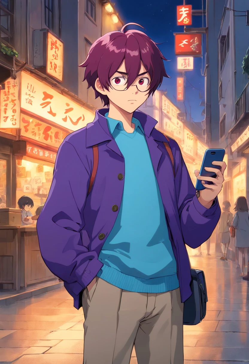 Anime boy looking at his phone,The background is blank, style of anime4 K, mamoru hosoda, kentaro miura art style, author:New Art, inspired by Shingei,Holding the phone in his left hand,A confused look,The mouth is open,brunette color hair,Red eyes,Standing,Purple coat,Blue shirt,The background is plain blank,A confused look,Roll your eyes,Eyes on the phone,Holding the phone high in his left hand
