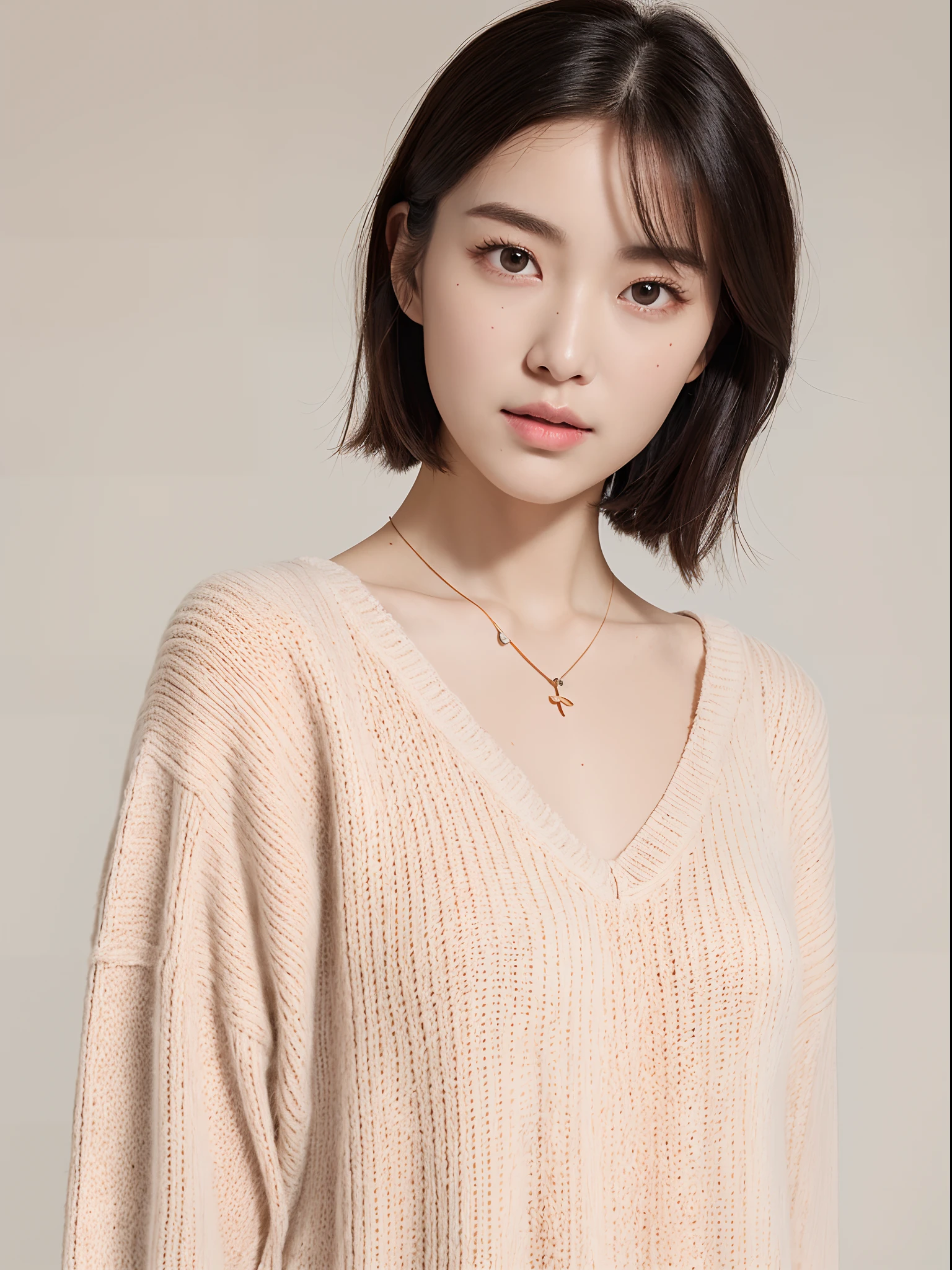 top-quality:1.3、​masterpiece、hight resolution、［1 girl in］、｛独奏｝、fully body photo、((Photorealsitic):1.1)、Real person、mascara, ,(Textured skin, Skin pores:1.1), (Imperfect skin:1.1) intricate detailes, (Unripe, 8K:1.2), Detailed skin、japanes、thin bunches of bangs、Bery short hair、Sweat knitwear、catchlight、piercings、a necklace、white walls