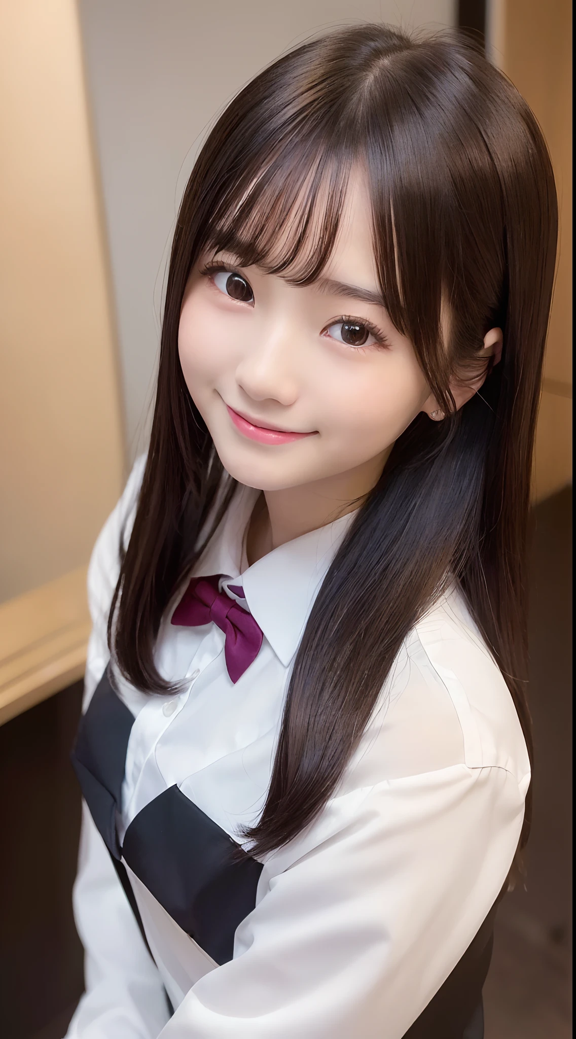 (Best Quality, 8K, 32K, masutepiece, nffsw:1.2),Hyper Detail Hair,Photo of Pretty Japanese girls,1girl in,18year old,japanaese girl,(A dark-haired:1.5),School uniform,White shirt,a bow tie, (directly in front:1.2), selfee, ((Smile:1.2)),((From shoulder up:1.2)), ((up of face:1.2)),