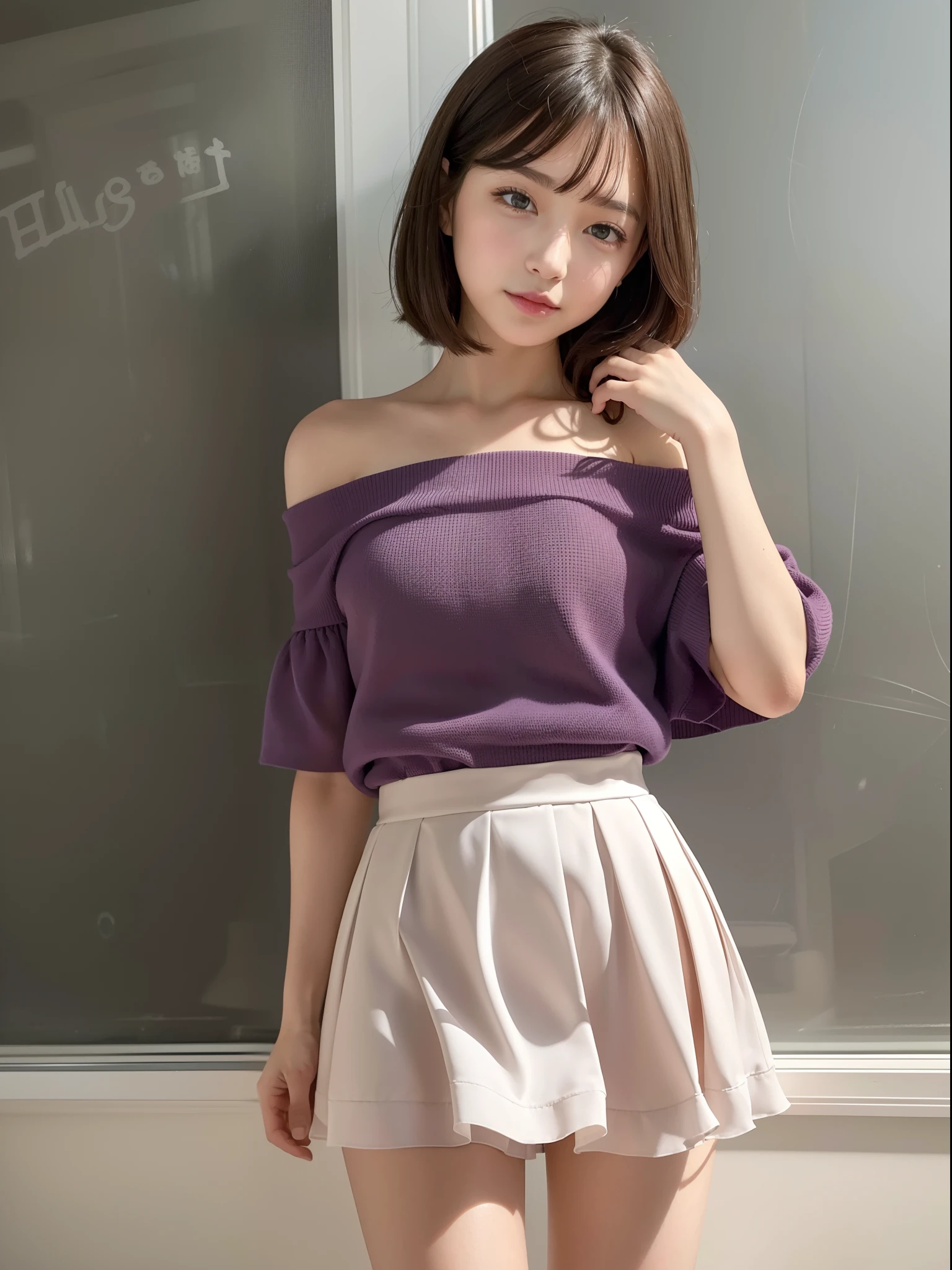 ((of the highest quality, 8K, masutepiece: 1.3, Raw photo)), Sharp Focus: 1.2, (1 AESPA Girl :1.1), Solo, (Realistic, Photorealistic: 1.37), (Face Focus: 1.1), Cute face, hyperdetailed face, brunette short messy hair, Small Smile, nude, (taking off school uniform like Off-the-shoulder chiffon dress, Roll up the skirt: 1.32), thigh, standing, classroom, flower, lily