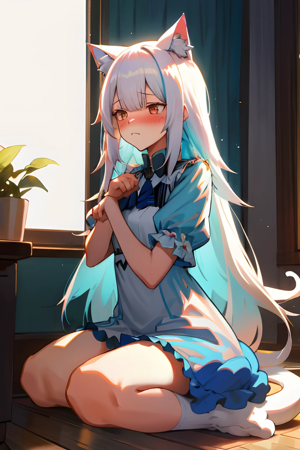 One girl with long hair, white hair, looking away, embarrassed, blushing, :3, indoor, thigh , cat ears, cat tails, squating, cat pose, moe pose, cat dress