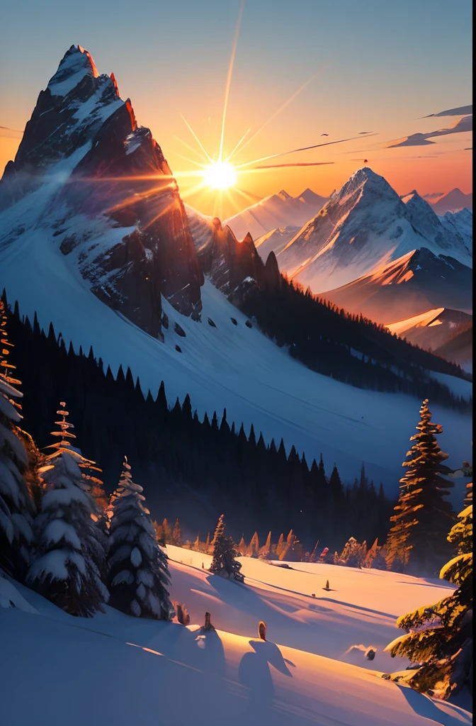 high mountain, dawn of the day,  wildlife, sun rising, bright colors, trees, beautiful landscape, sun rising
