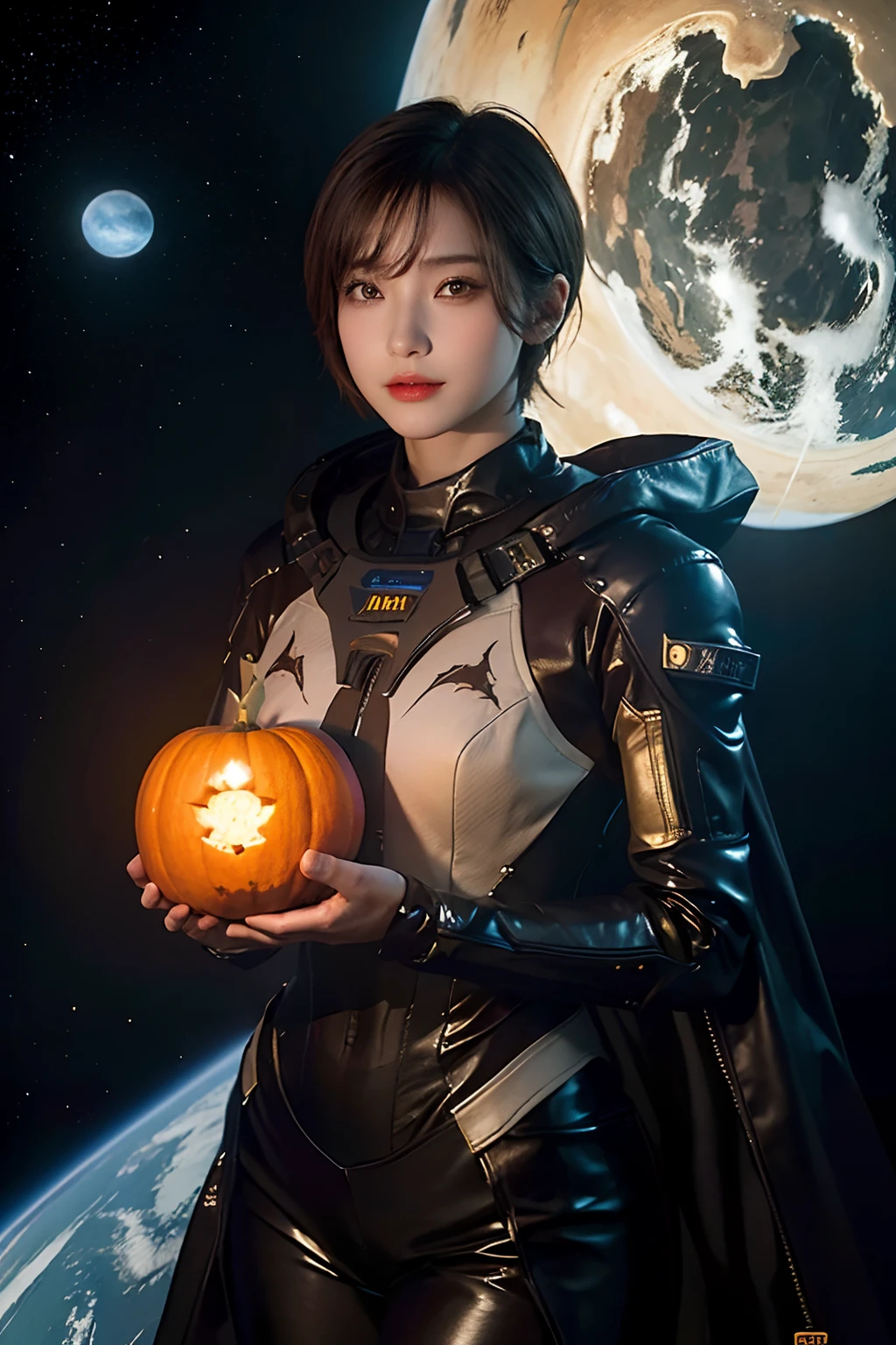 top-quality、​masterpiece、超A high resolution、(realisitic:1.4)、Beautuful Women１、Beautiful detail eyes and skin、ssmile、Light brown short-cut hair、The perfect spacesuit、spaceships、Mysterious planet、Giant pumpkin、the bats、