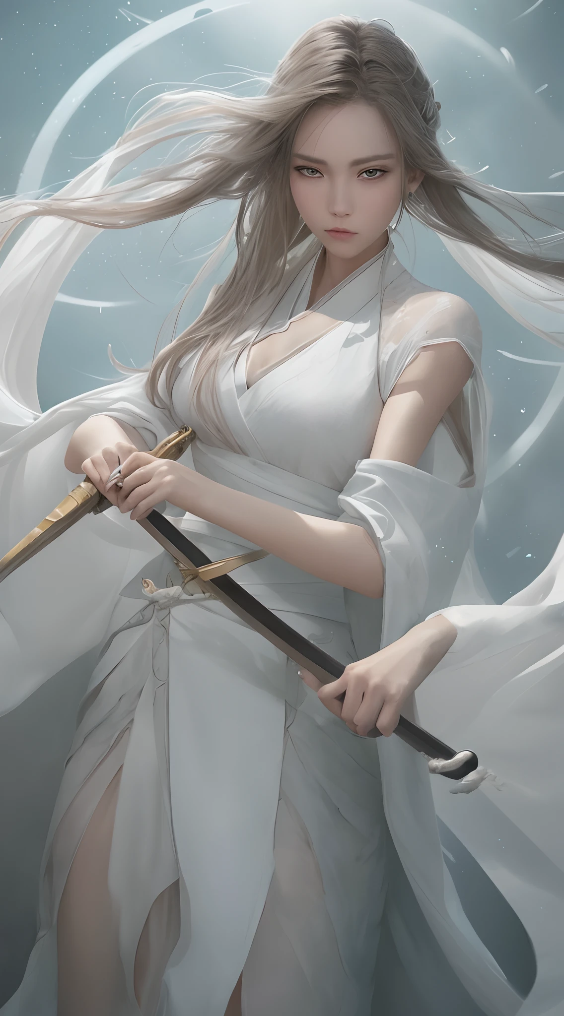a close up of a woman with a sword in a white dress, a character portrait by Yang J, trending on cgsociety, fantasy art, beautiful character painting, artwork in the style of guweiz, guweiz, white hanfu, flowing white robes, full body wuxia, epic exquisite character art, stunning character art, beautiful female assassin