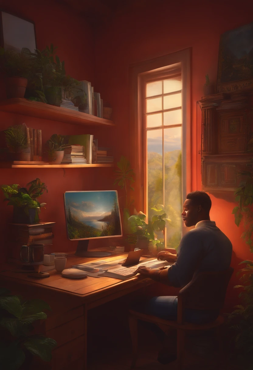 A freelancer sits at a computer in a cozy house, Learning something new