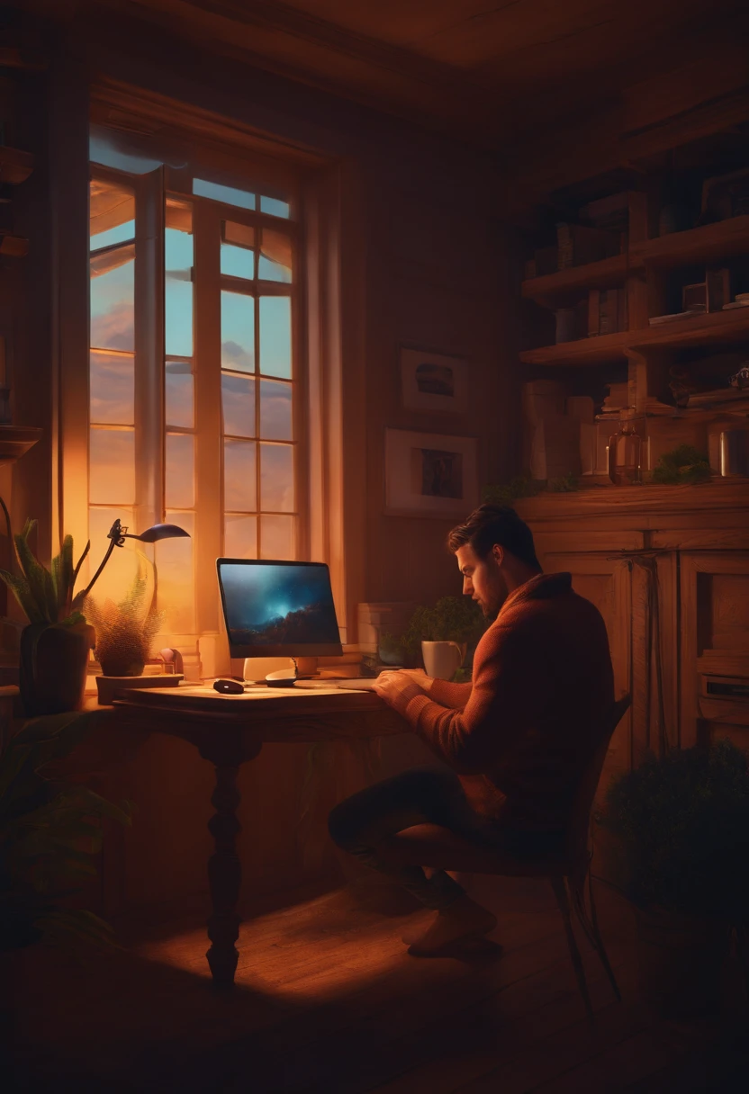 A freelancer sits at a computer in a cozy house, Learning something new