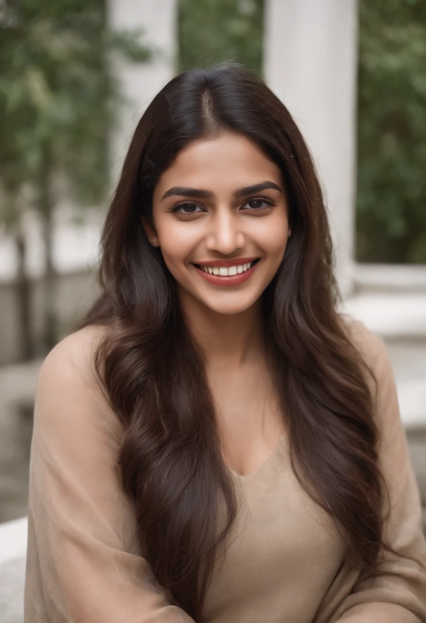 portrait of a confident Indian woman in university, laughing at the camera 20 years old, confident, top notch 3d model, extremely beautiful, realistic, intricate facial details, no flowing capes, high quality, super detailed, hyper realistic, 8k, studio photo