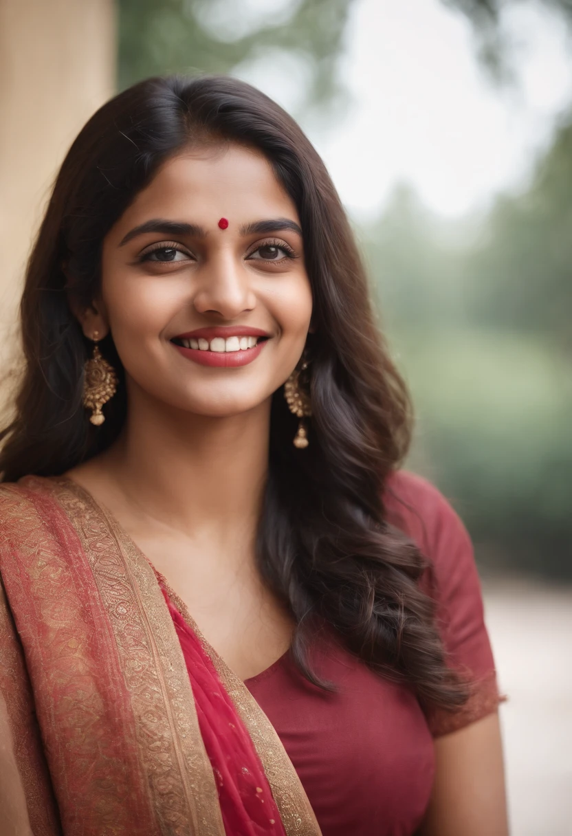 portrait of a confident Indian woman in university, laughing at the camera 20 years old, confident, top notch 3d model, extremely beautiful, realistic, intricate facial details, no flowing capes, high quality, super detailed, hyper realistic, 8k, studio photo