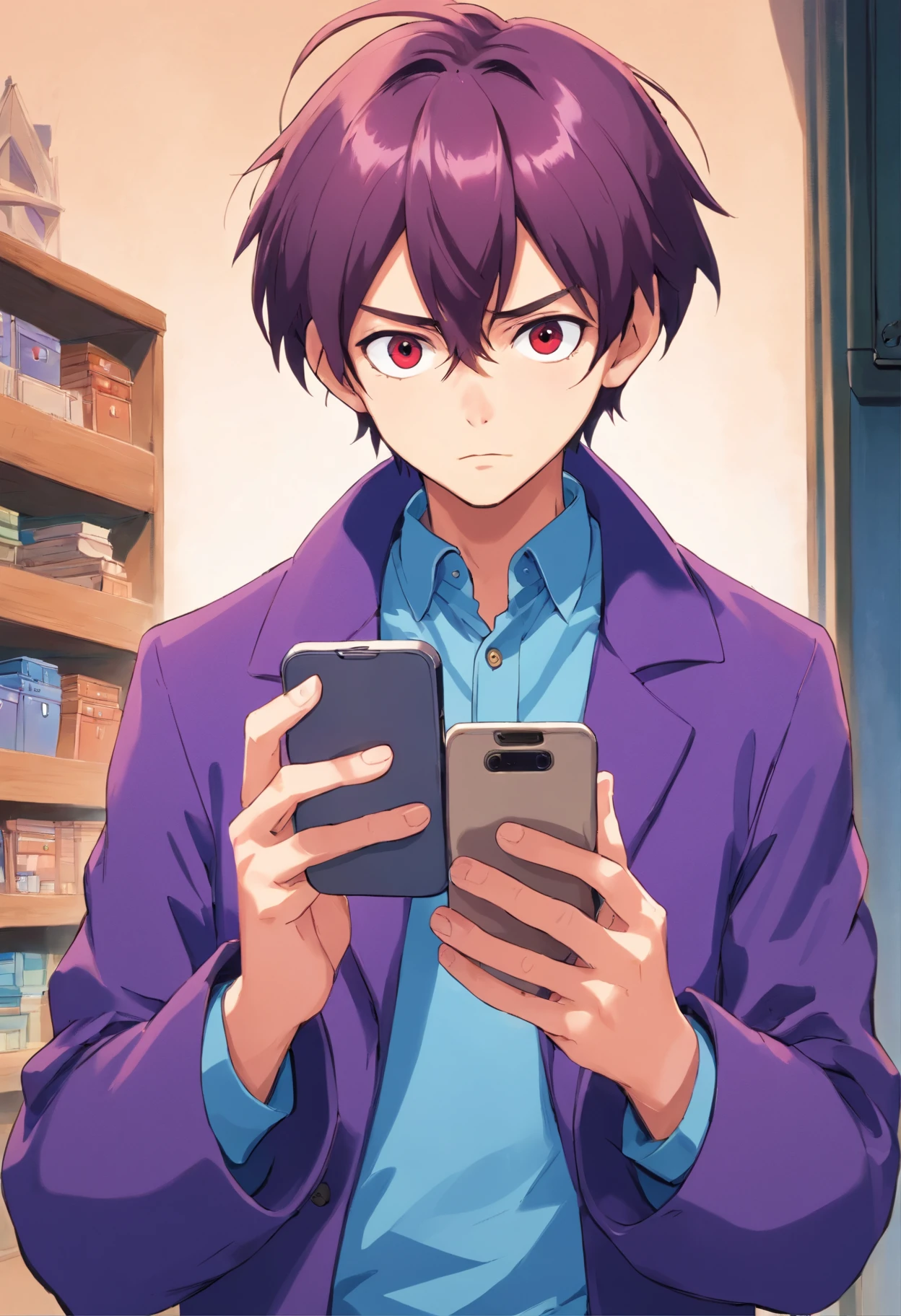 Anime boy looking at his phone,The background is blank, style of anime4 K, mamoru hosoda, kentaro miura art style, author:New Art, inspired by Shingei,Holding the phone in his left hand,A confused look,The mouth is open,brunette color hair,Red eyes,Standing,Purple coat,Blue shirt,The background is plain blank,A confused look,Roll your eyes,Eyes on the phone,Holding the phone high in his left hand