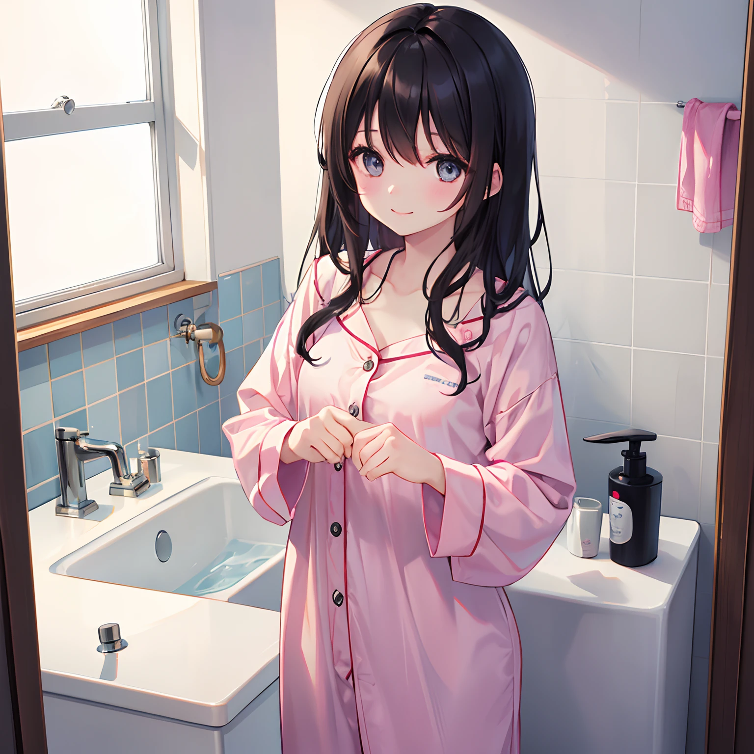 girl with、1 persons、Dark hair、Black eyes、length hair、A smile、After the bath、s Pajamas、hair dryer、Washstand、speculum