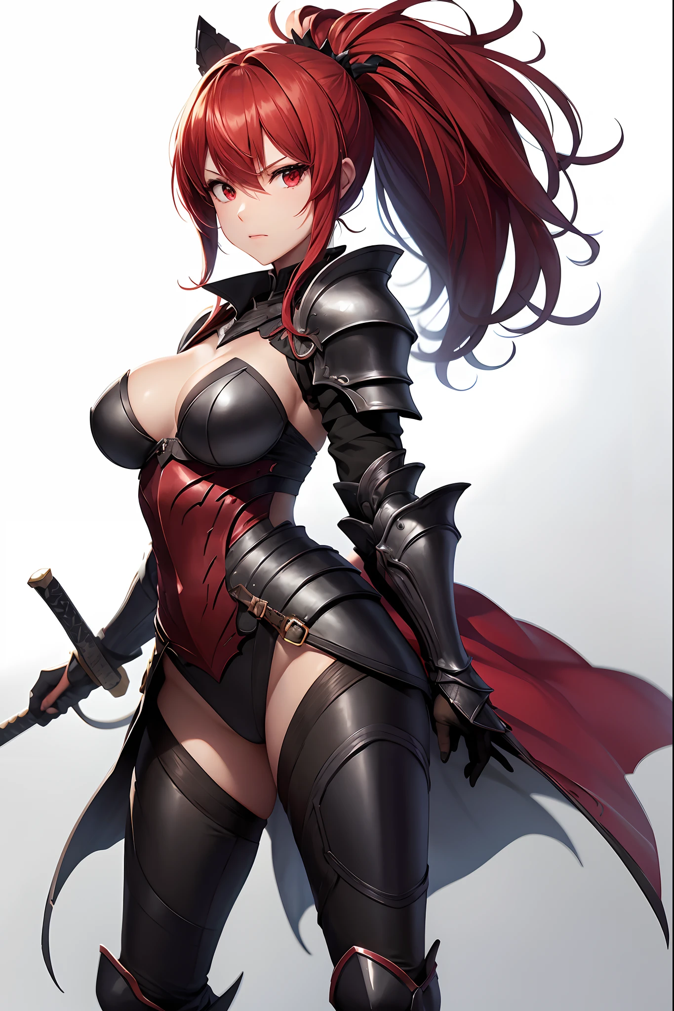 poneyTail、Sexy and revealing armor、full body Esbian、long red hair、Red Eyes、Black Armor、Great sword、s Armor、sexy armor、Aggressive face、Beautuful Women、Outrageous resolution isolated on white background、masutepiece++,top-quality++,ultra-defined++, ultra-defined++,4K++,8K++,