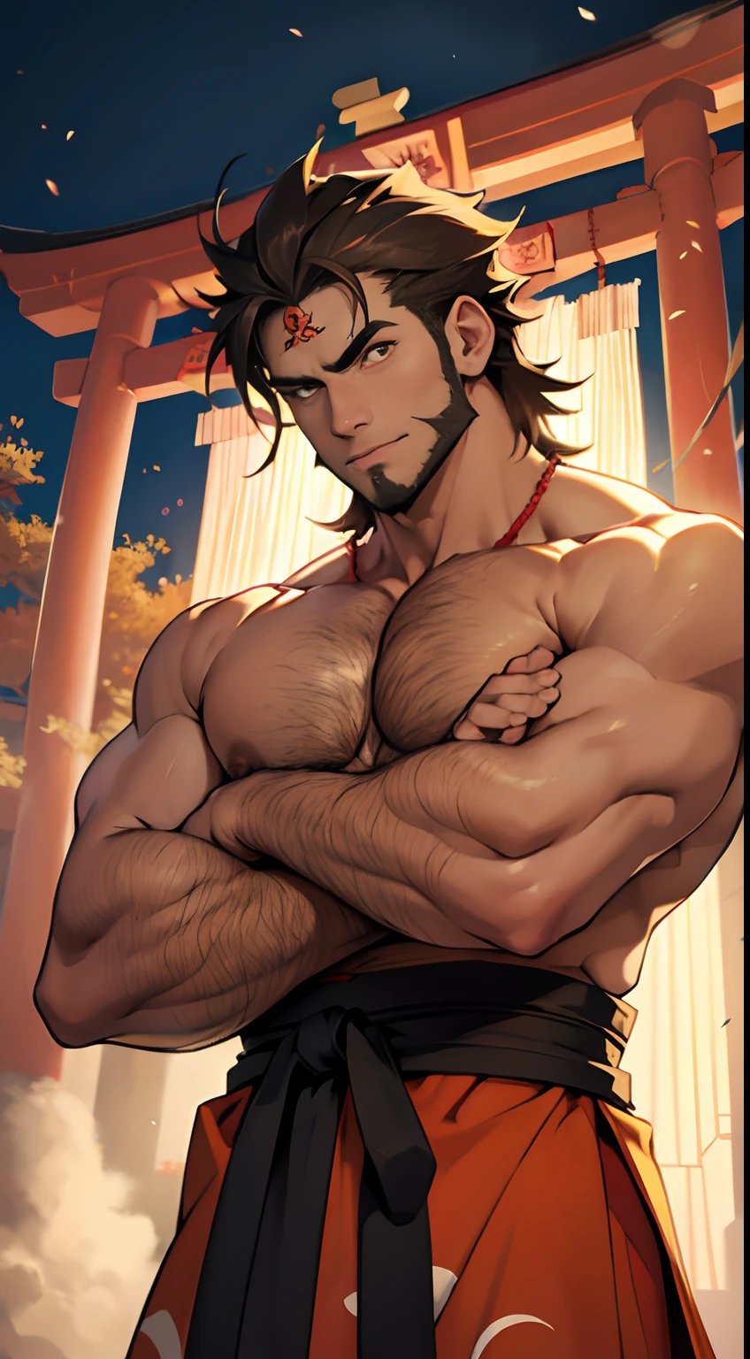(Best Quality,Anime style:1.2),Handsome man,Monkey Spirit,Eyes and faces with detailed,Wear a partially open kimono,At a shrine with a torii gate,Bright colors,Soft lighting、Funny look、funny pose、Hanuman、Gnawing sweet potatoes、Monkey accompanying、Only the upper body is bare、hairy、slender and muscular,、chest hair is fluffy、Arm hair is also fluffy、Brown hairs