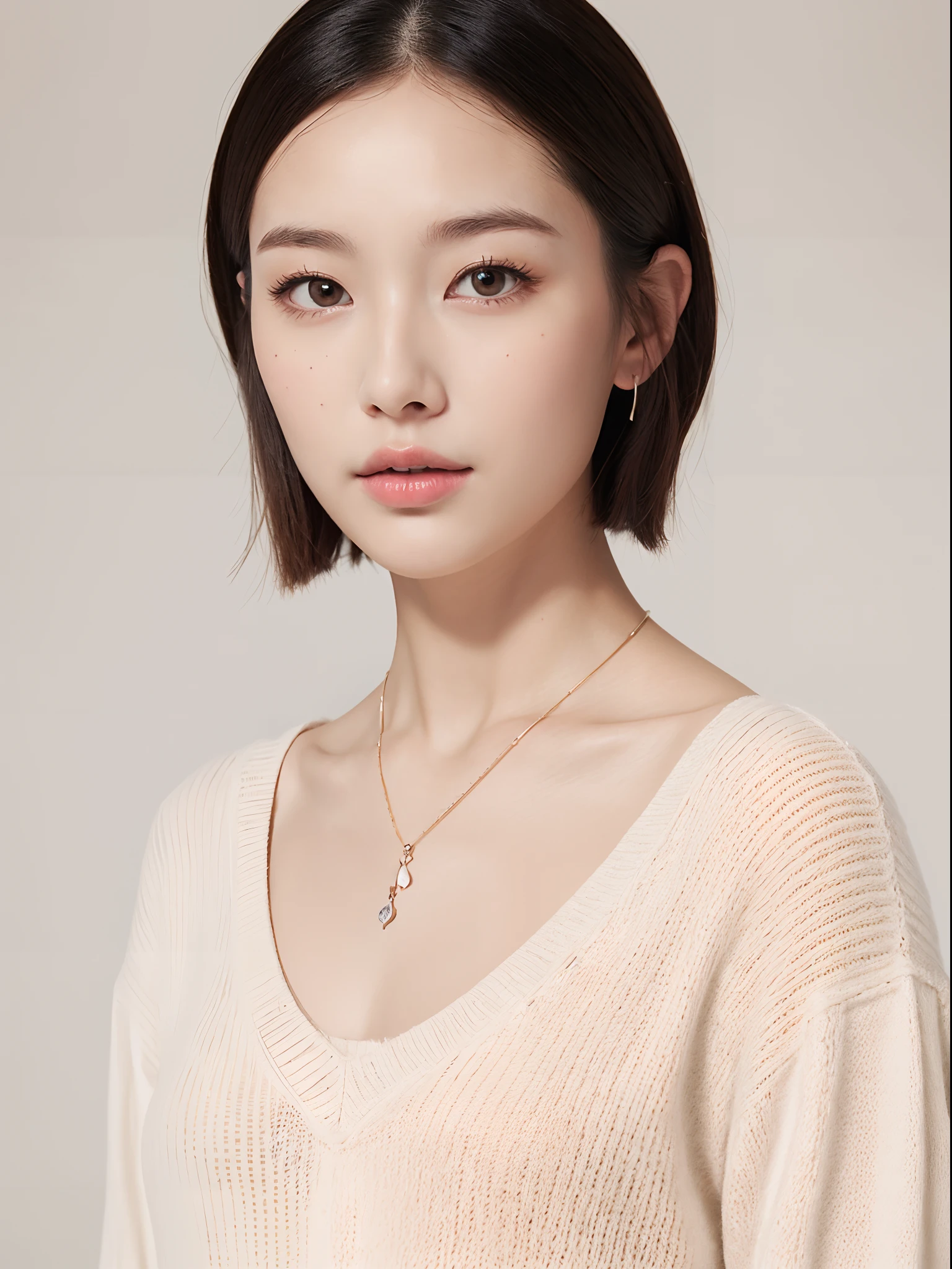 (top-quality、8k、32k、​masterpiece、UHD:1.2)、(beautiful countenance:1.7)、Pictures of cute women、(A slender:1.5)、(large full breasts:1.2)、(Big eyes:1.2)、(blue eyess:1.2)、bobhair、The upper part of the body、sface focus、an lingerie、a necklace、simple background、From  above、looking at the viewers、