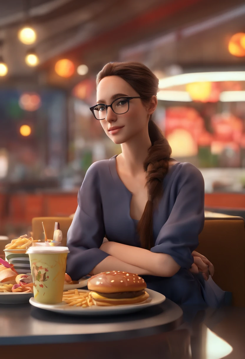 brunette girl with ponytail and glasses about 35 years old. sitting in a fast food restaurant with dark clothes