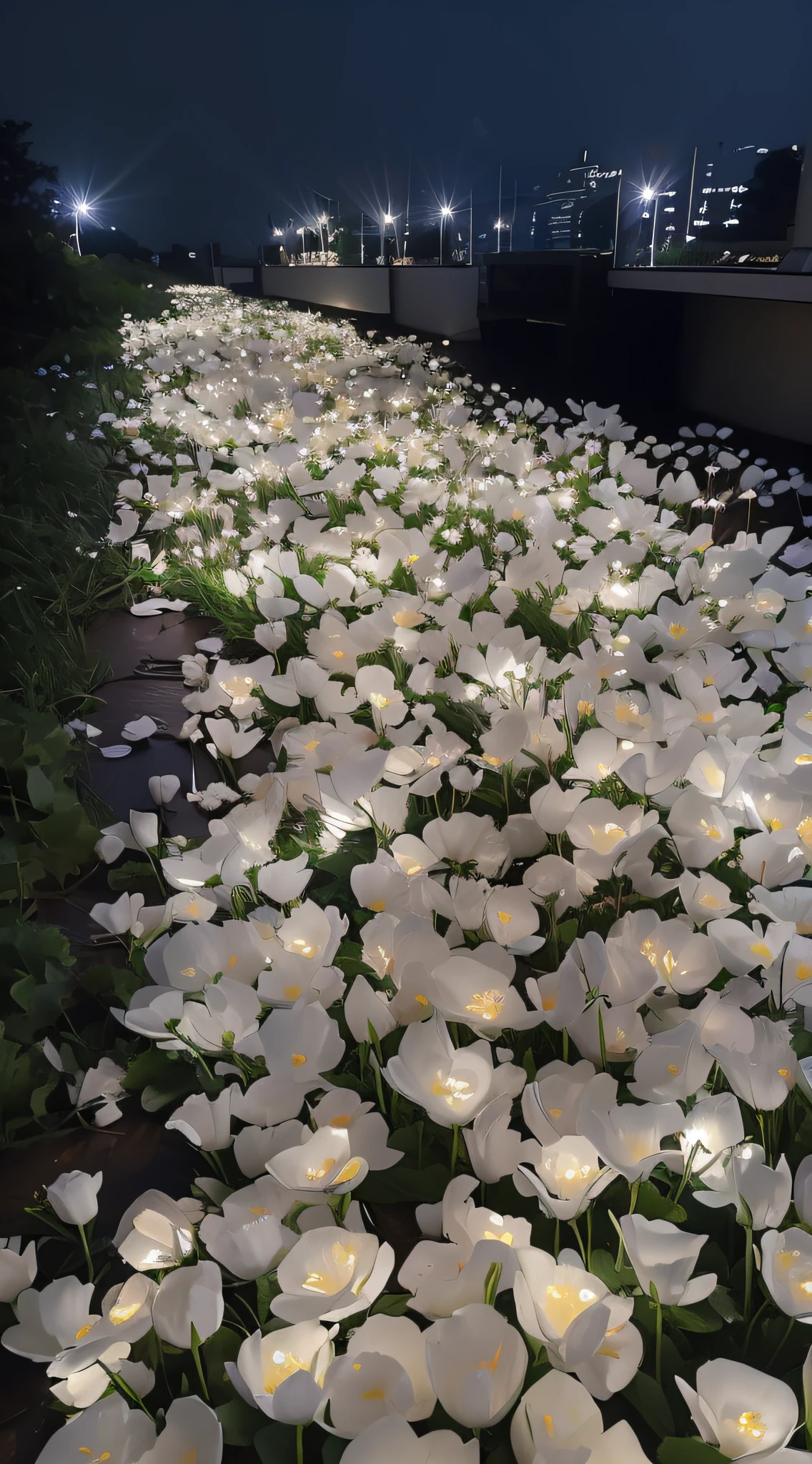 There are many white flowers in the grass, Luminous flowers, Glowing flowers, lights with bloom, field of flowers at night, soft bloom lighting, Flower beds on the floor, beautiful light up, light bloom, white flowers on the floor, Bruce Munro, beatifully lit, soft white glow, lamps on ground, beautiful illumination, lights with bloom