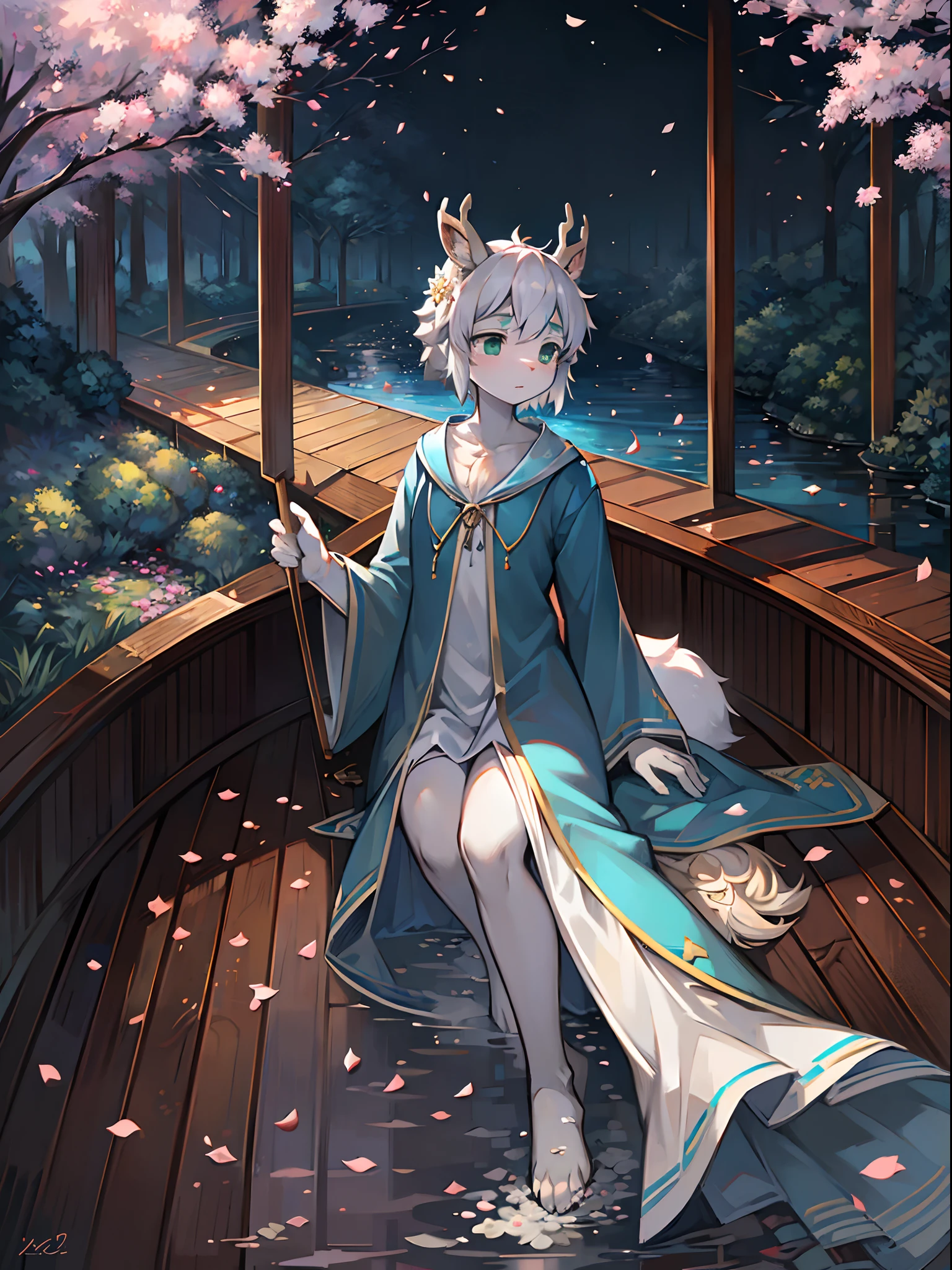A white deer,long blue robes,Green eyes,deer antlers,River side,falling flower petals,It rained heavily,The tree,White petals,Lake Pavilion,Holding an umbrella,dark cloude,A sad look,veils,