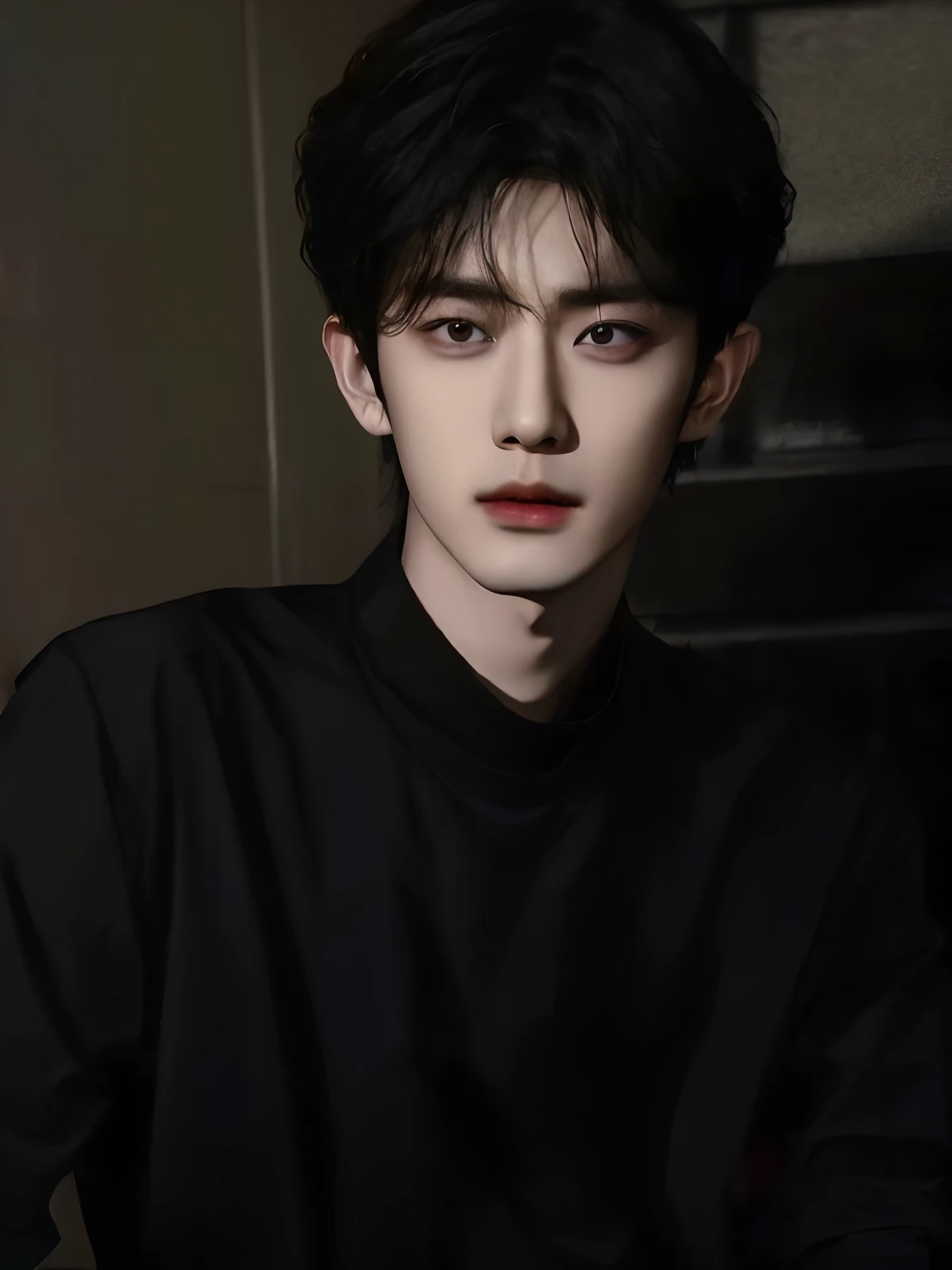 The Arad man in a black shirt sat in a dark room, Kim Do-young, Shin Jinying, Inspired by Zhang Han, Cai Xukun, Inspired by Bian Shoumin, jinyoung shin aesthetic, Male ulzzang, bladee from drain gang, jung jaehyun, inspired by jeonseok lee, portrait of jossi of blackpink, inspired by Yanjun Cheng