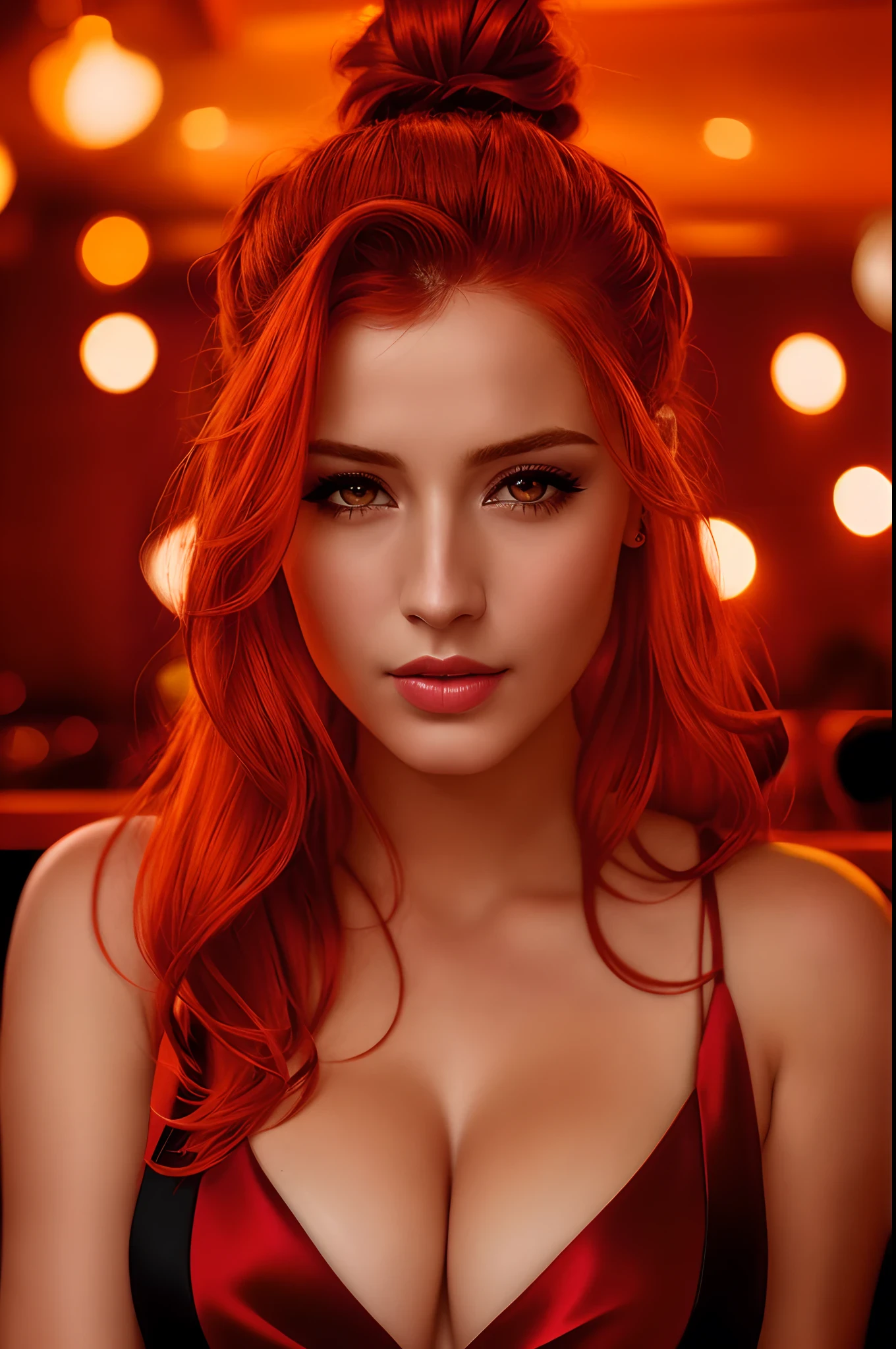 portrait photo of LenkaRegalova beautiful woman, red hair,  topknot, nightclub sitting at bar (masterpiece) (best quality) (detailed) (8k) (HDR) (wallpaper) (cinematic lighting) (sharp focus) (intricate)