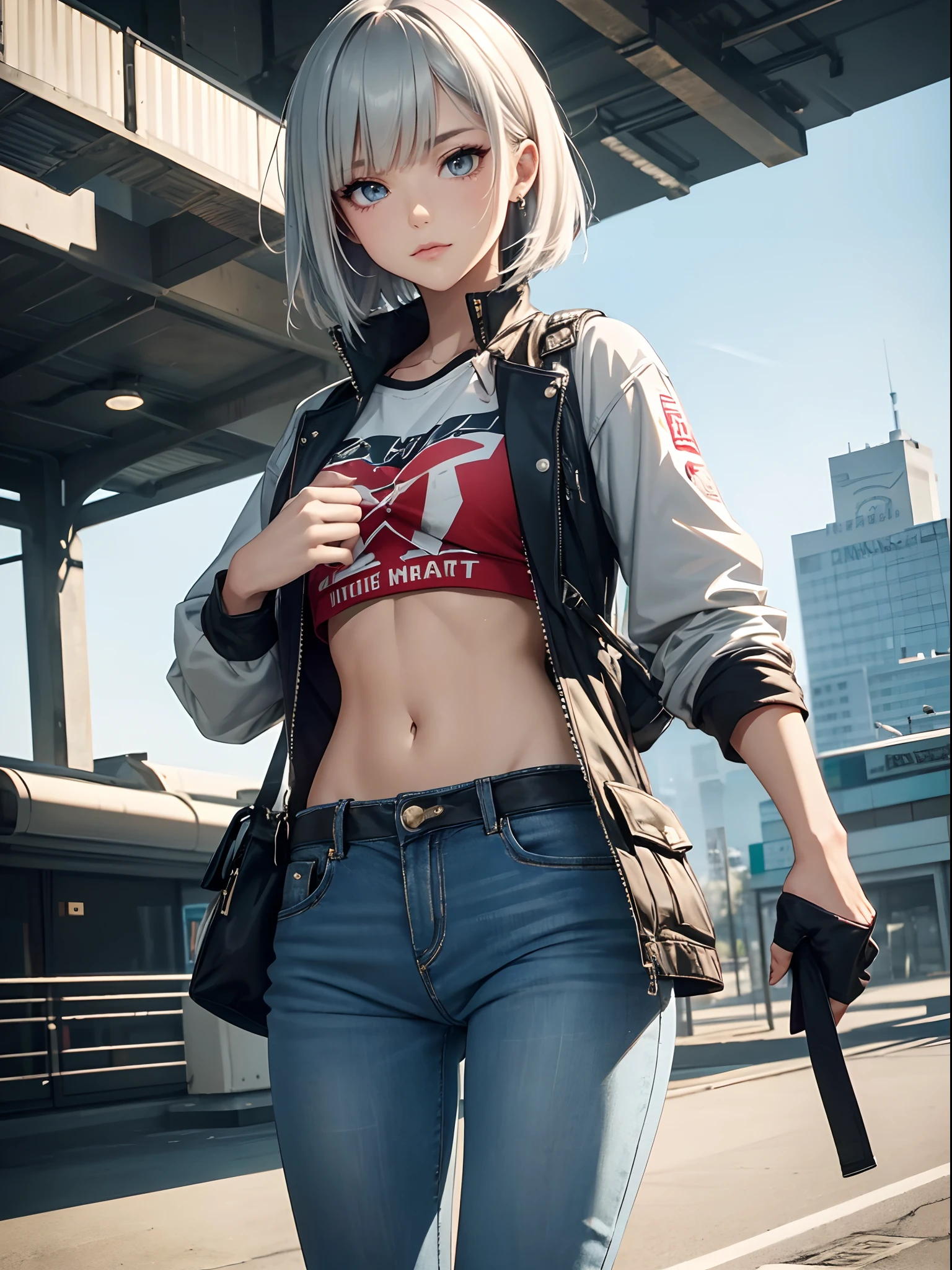 (ultra-realistic, highres, best quality, 4k, professional, cowboy shot), an illustration in Full HD that showcases a 21-year-old girl's cool style, beauty eyes, sharp eyes. Her Asymmetric Pixie hairstyle, silver hair, and left-facing bangs with red highlights make her stand out. She's dressed in a fashionable clothes and hot pants, exuding confidence and individuality.