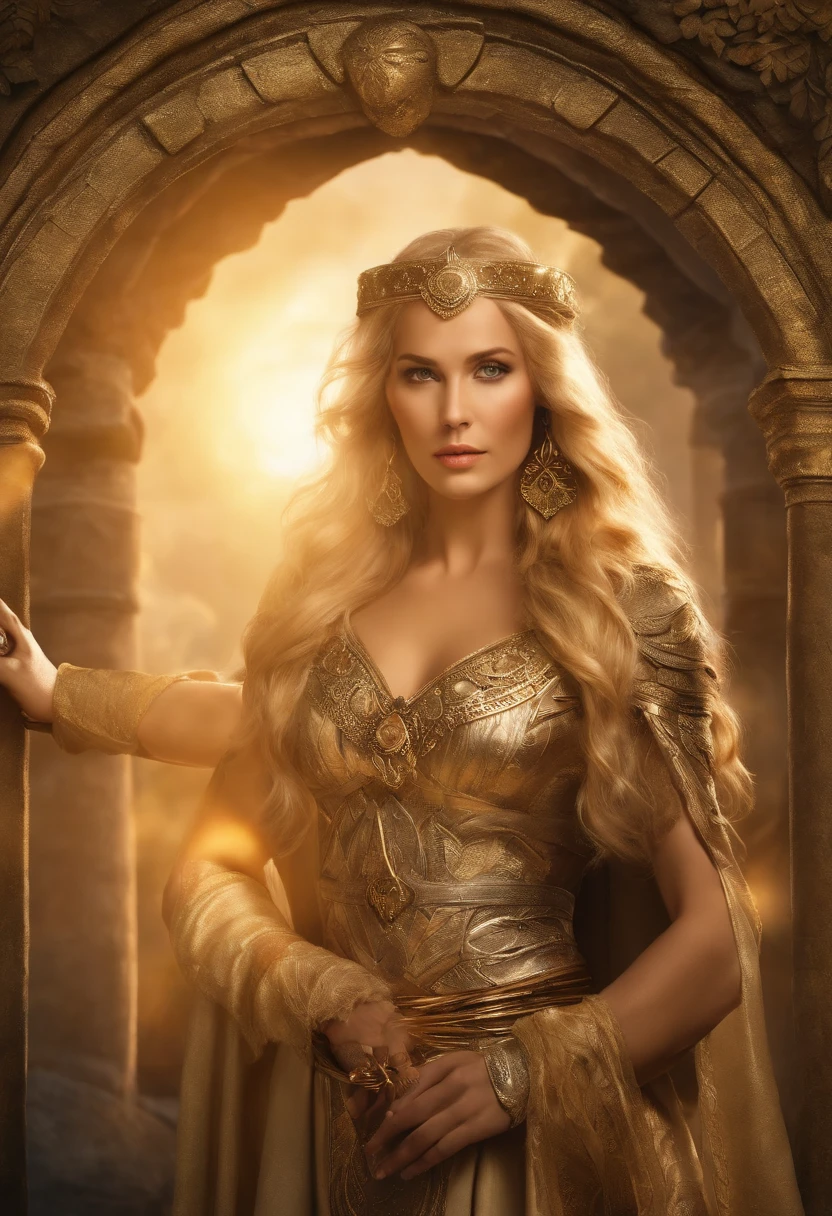 (golden saint of sagittarius,golden armor,enchanting surreal artistic style,full body shot,eye-catching colors,vibrant lighting,ultra-high quality:1.2),elaborate details,ethereal atmosphere,otherworldly background,impressive stance,exquisite facial features,flowing golden hair,piercing blue eyes,strong and muscular physique,sacred bow and arrow,glowing celestial glyphs,majestic cape that billows in the wind,sacred pose with the bow drawn,exotic and immersive setting,divine aura illuminating the surroundings,imposing presence,transcendent and awe-inspiring,perfection in every minute detail,subtle nuances of light and shadow,meticulously crafted magical effects,captivating and mysterious expression,vivid and surreal colors,mesmerizing blend of reality and fantasy,immersive and otherworldly experience,unforgettable masterpiece that transports viewers to a realm beyond imagination.